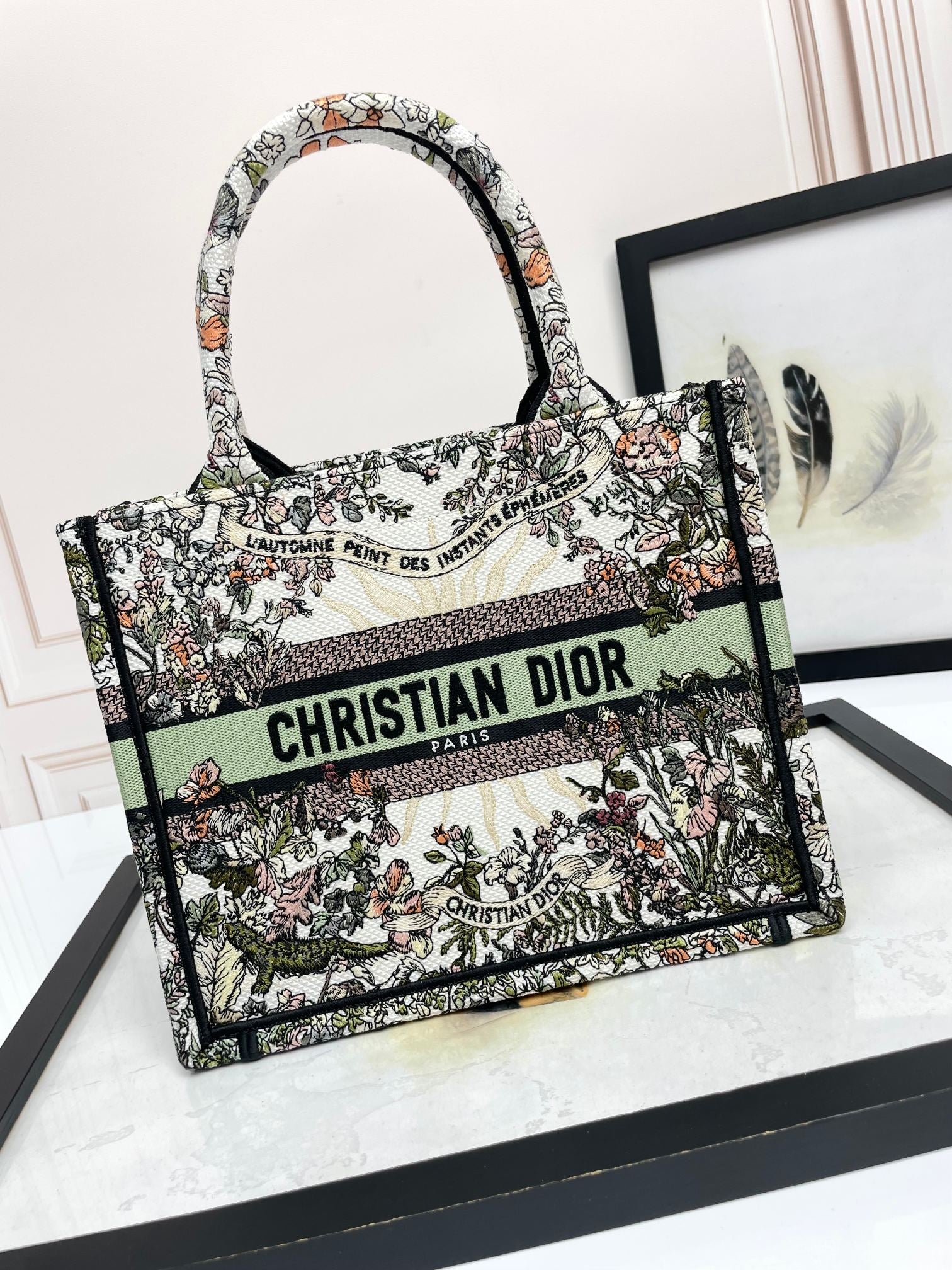 Dior Floral Embroidered Canvas Tote Bag Vintage Style Top Handle Purse