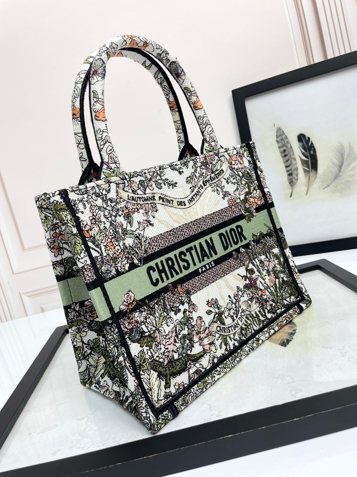 Dior Vintage Floral Embroidered Canvas Tote Bag with Top Handle