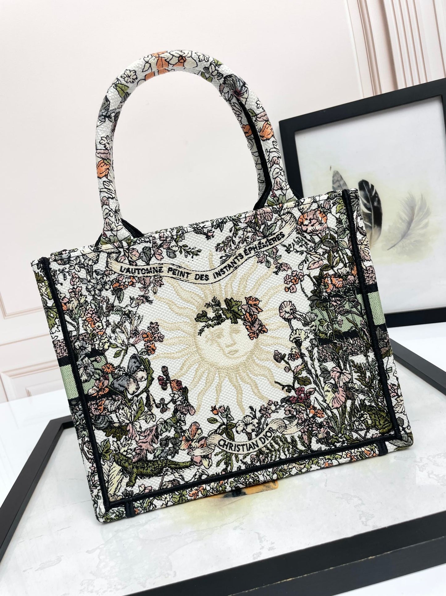 Dior Floral Embroidered Canvas Tote Bag Vintage Style Top Handle Purse