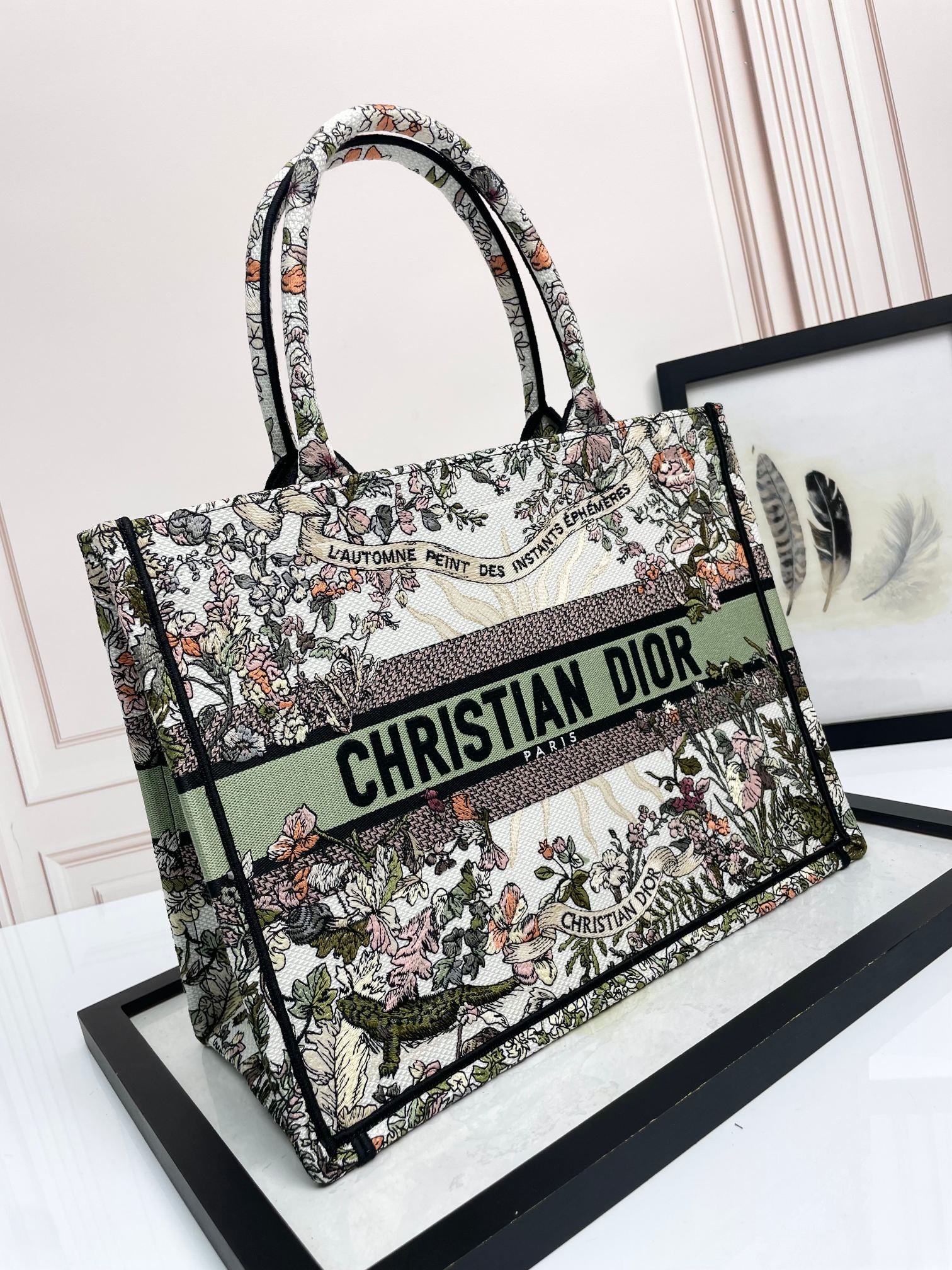 Dior Elegant Floral Tapestry Canvas Tote Bag Large Top Handle Handbag
