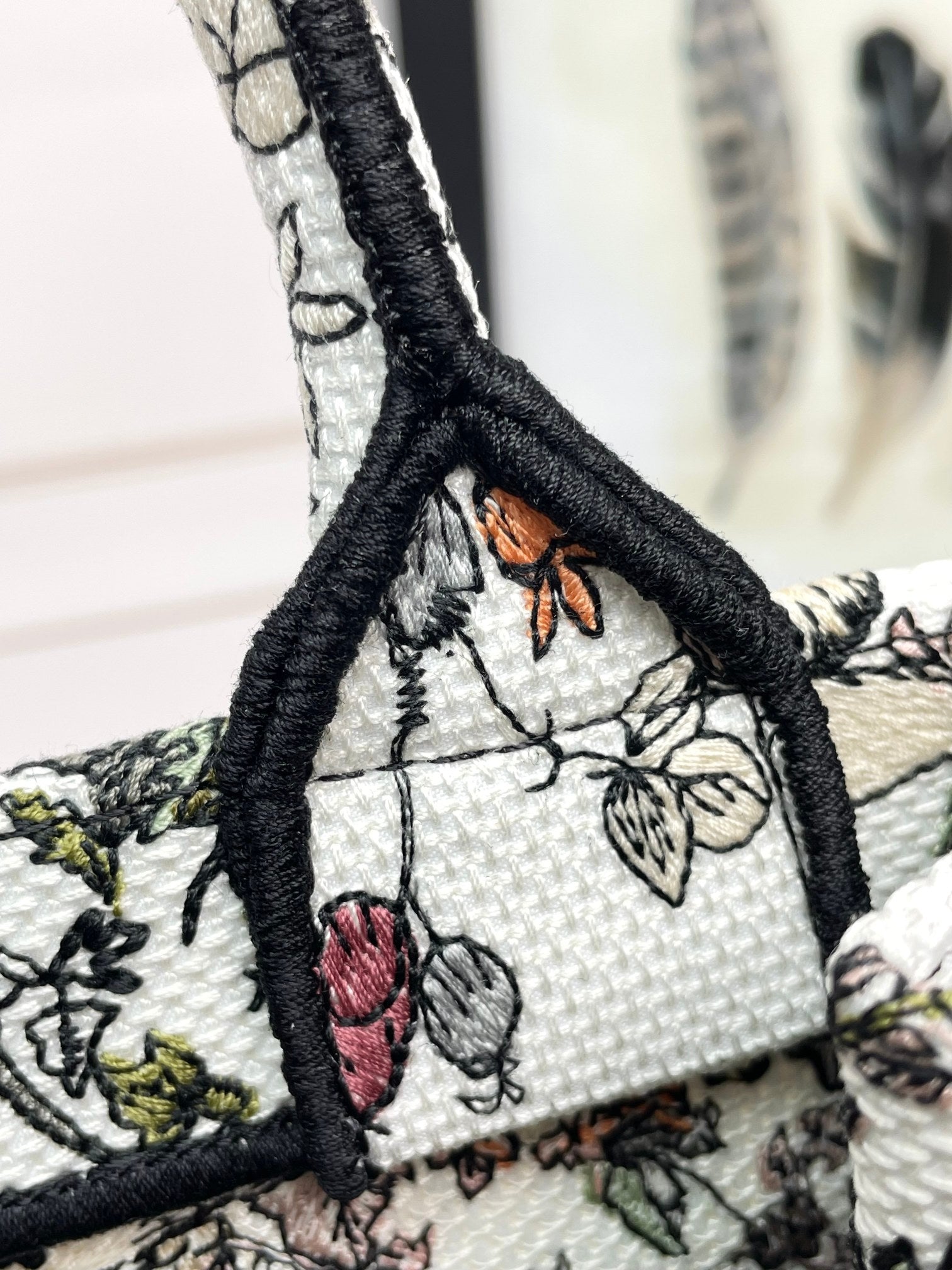 Dior Floral Embroidered Canvas Tote Bag Large Top Handle Handbag