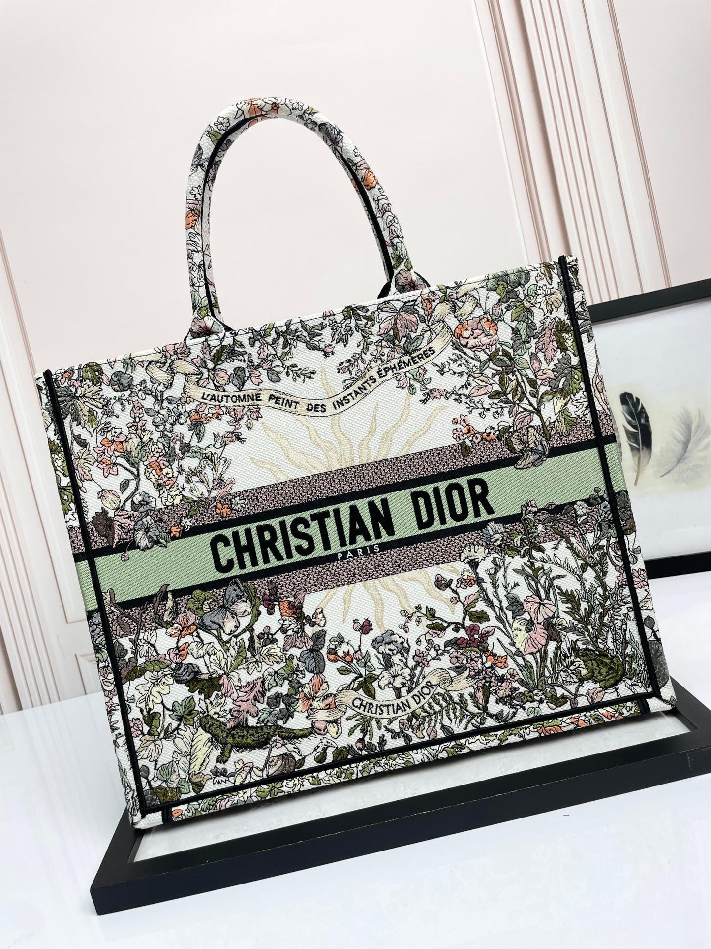 Christian Dior Large Book Tote Bag in Embroidered Floral Canvas - Multicolor/Sage Green