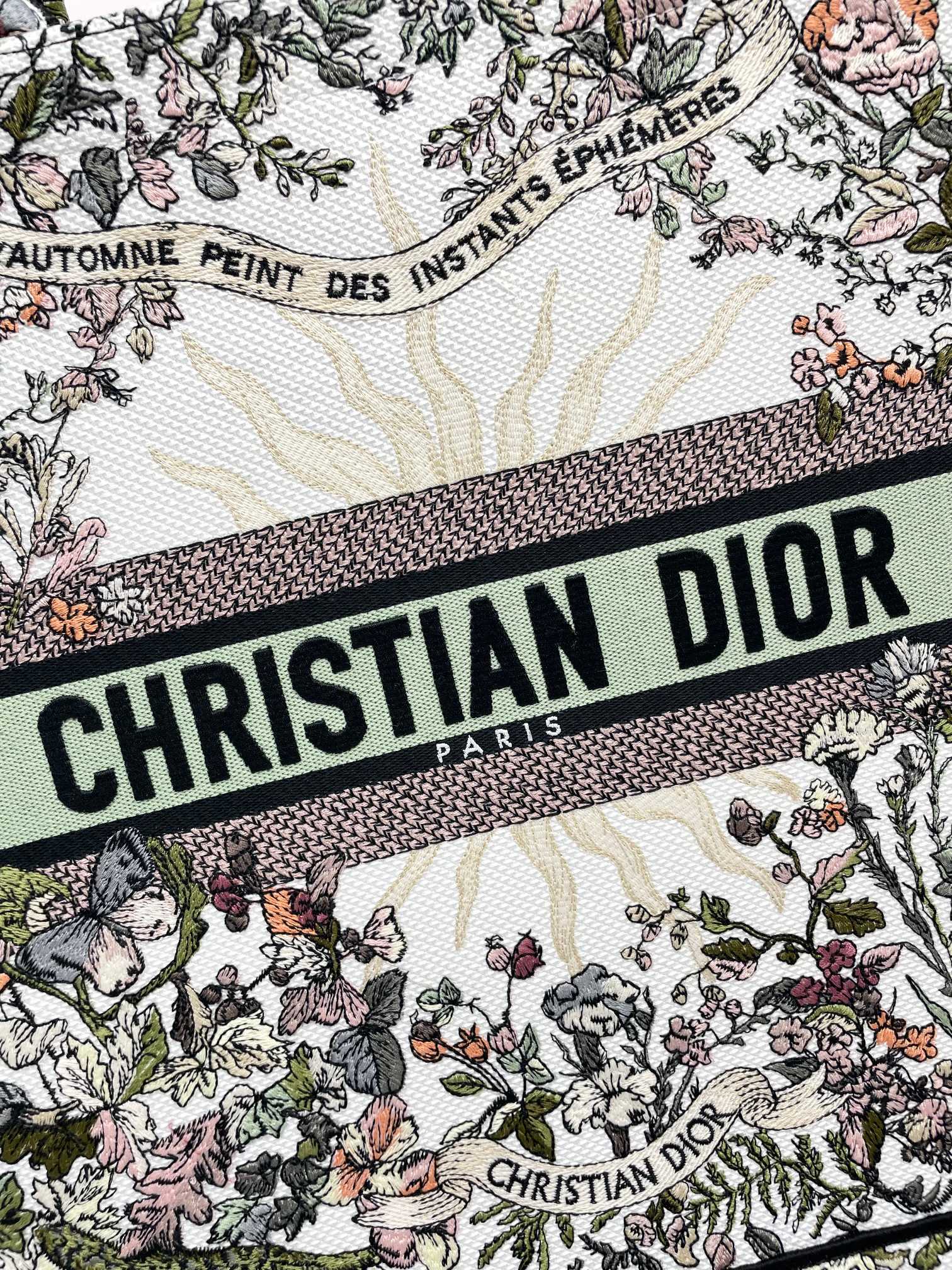 Christian Dior Large Book Tote Bag in Embroidered Floral Canvas - Multicolor/Sage Green
