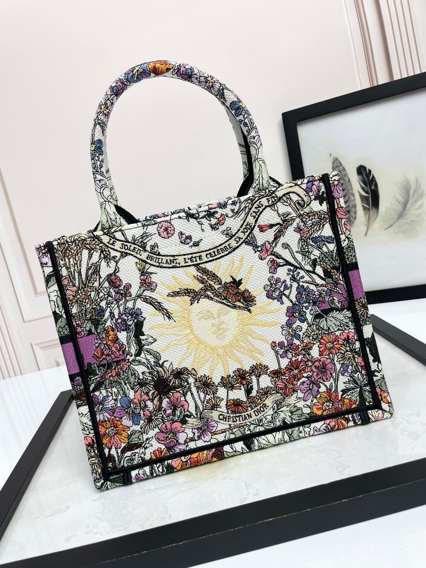 Christian Dior Embroidered Book Tote Bag - Floral Pattern with Purple Accents