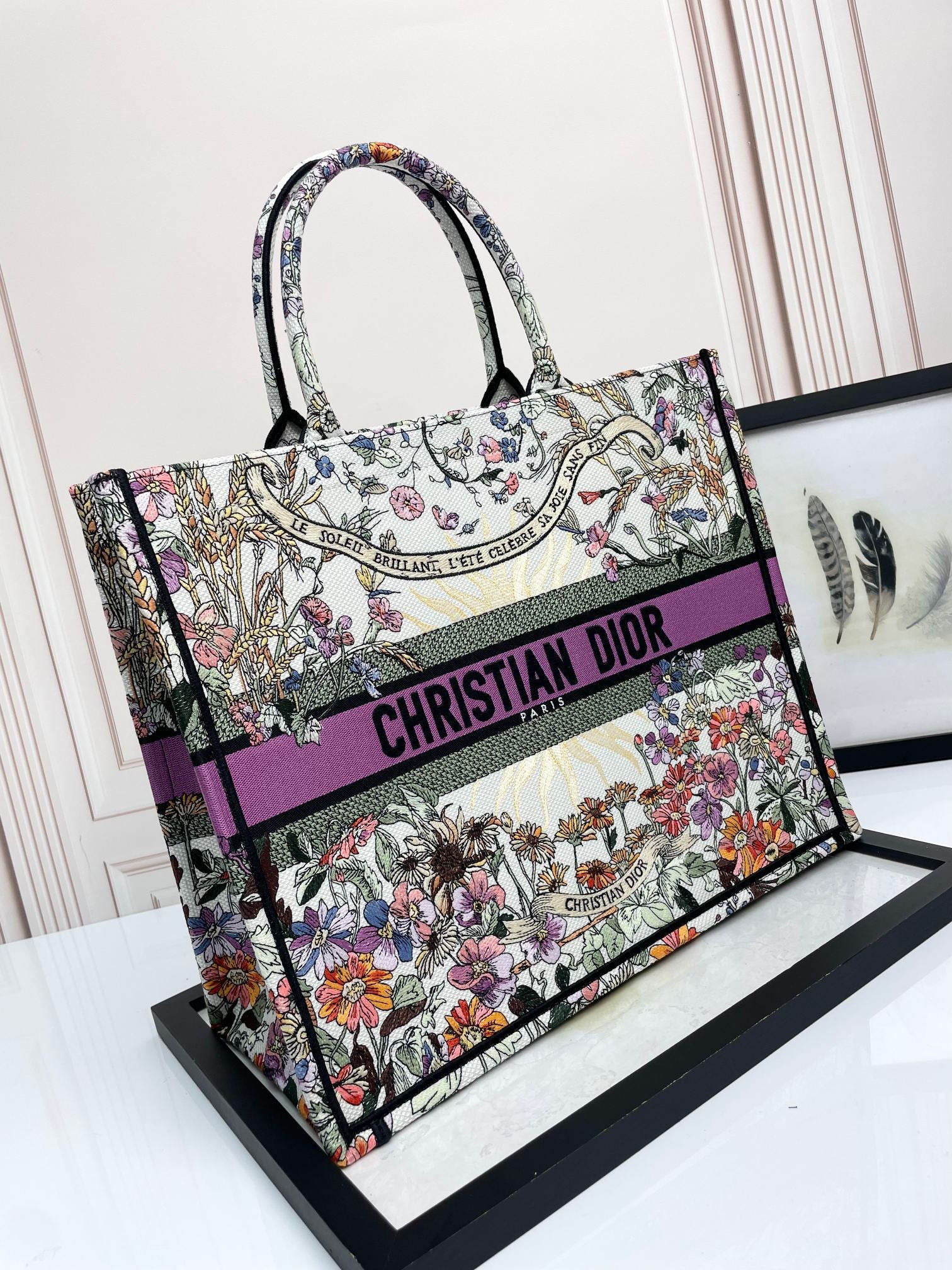 Dior Large Floral Embroidered Canvas Tote Bag with Purple Striped Detail