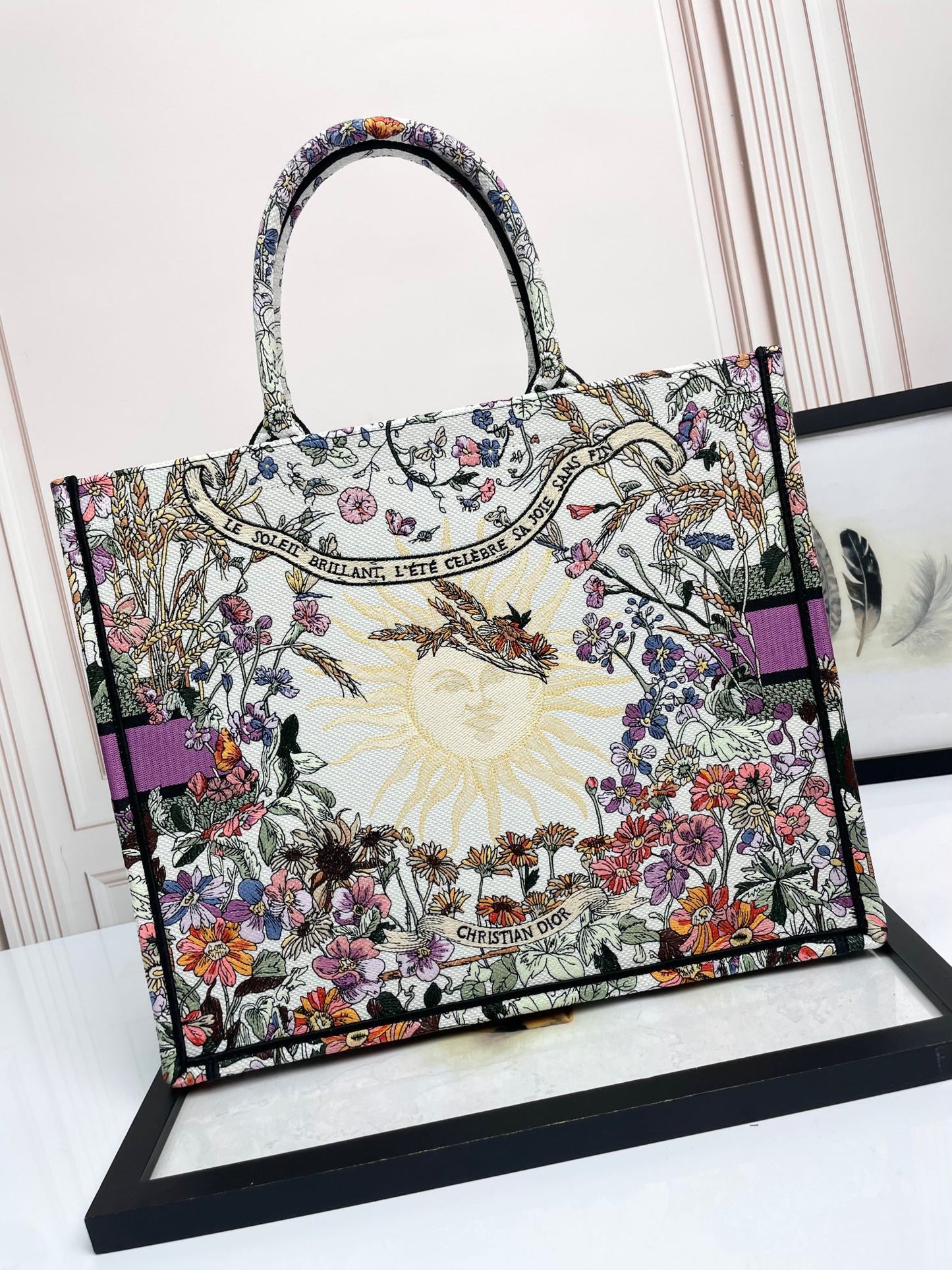 Dior Colorful Floral Embroidered Canvas Tote Bag with Top Handles