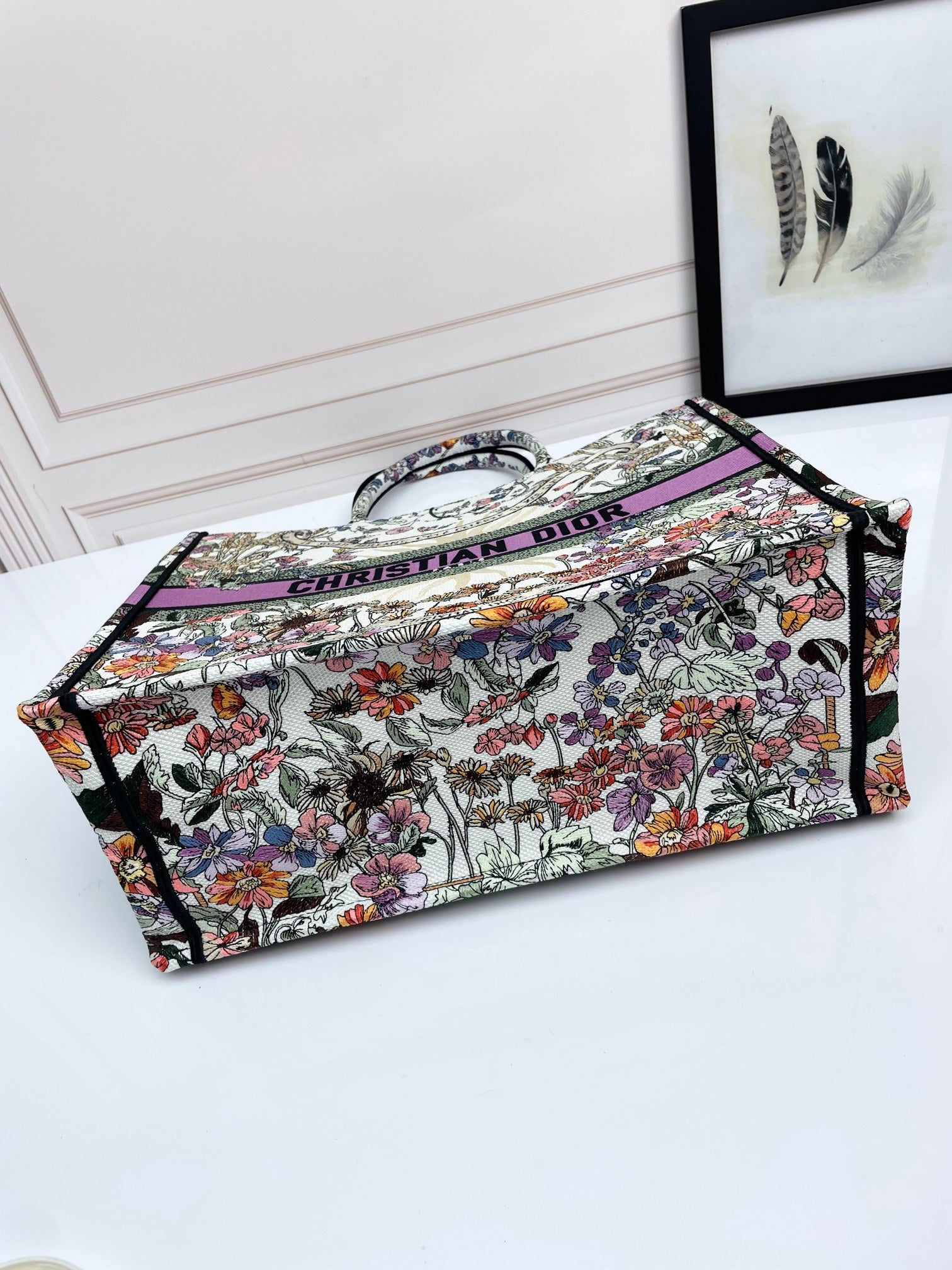Dior Colorful Floral Embroidered Canvas Tote Bag with Top Handles
