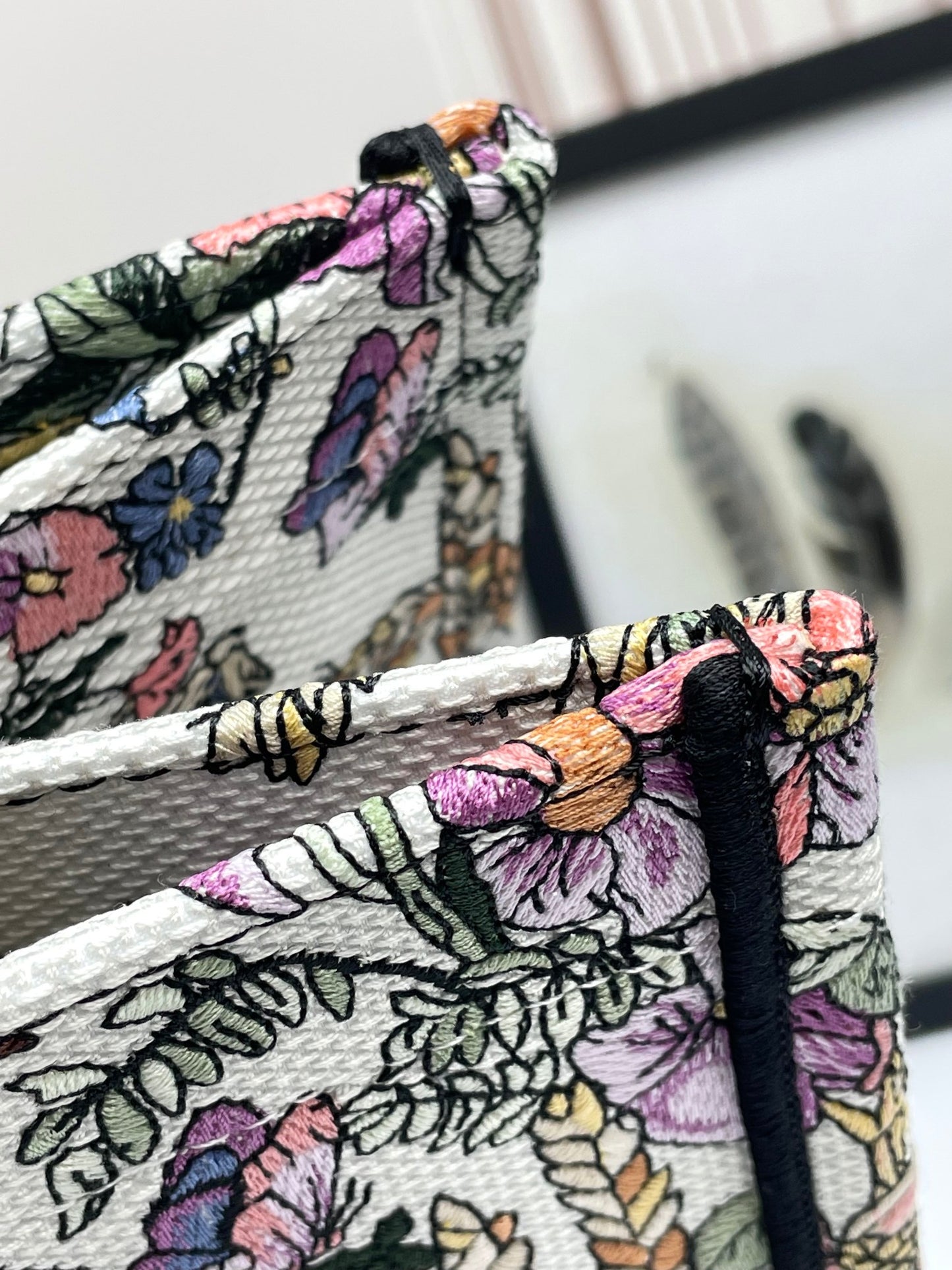 Dior Large Floral Embroidered Canvas Tote Bag with Purple Striped Detail