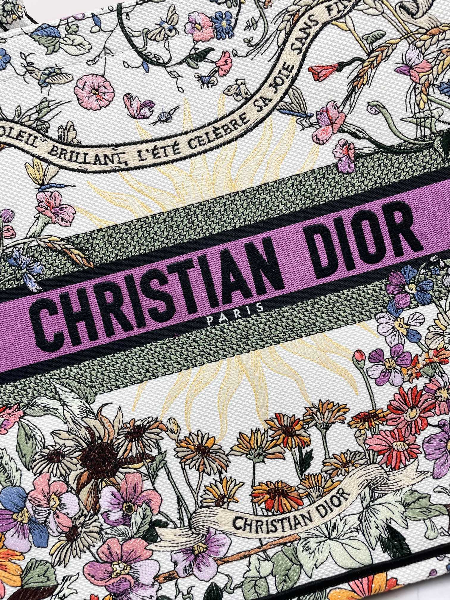 Dior Large Floral Embroidered Canvas Tote Bag with Purple Striped Detail