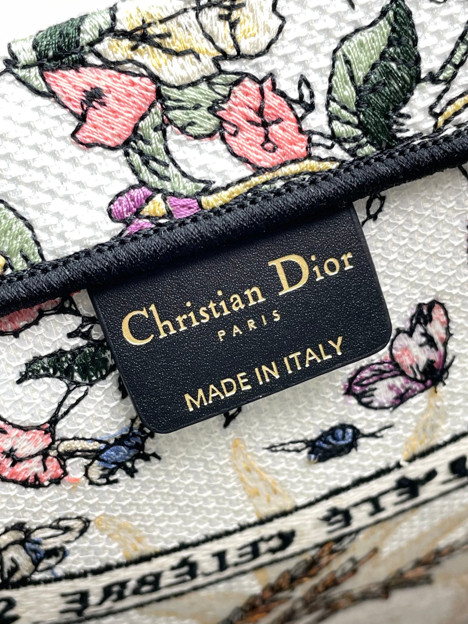 Dior Large Floral Embroidered Canvas Tote Bag with Purple Striped Detail