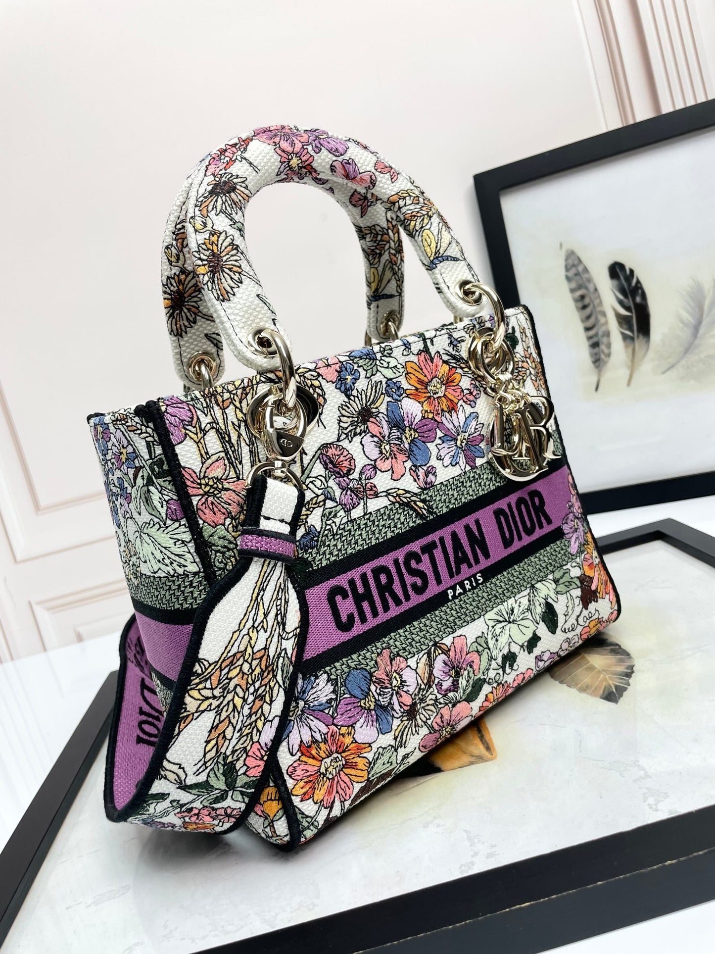 Dior Colorful Floral Embroidered Canvas Top Handle Handbag for Women