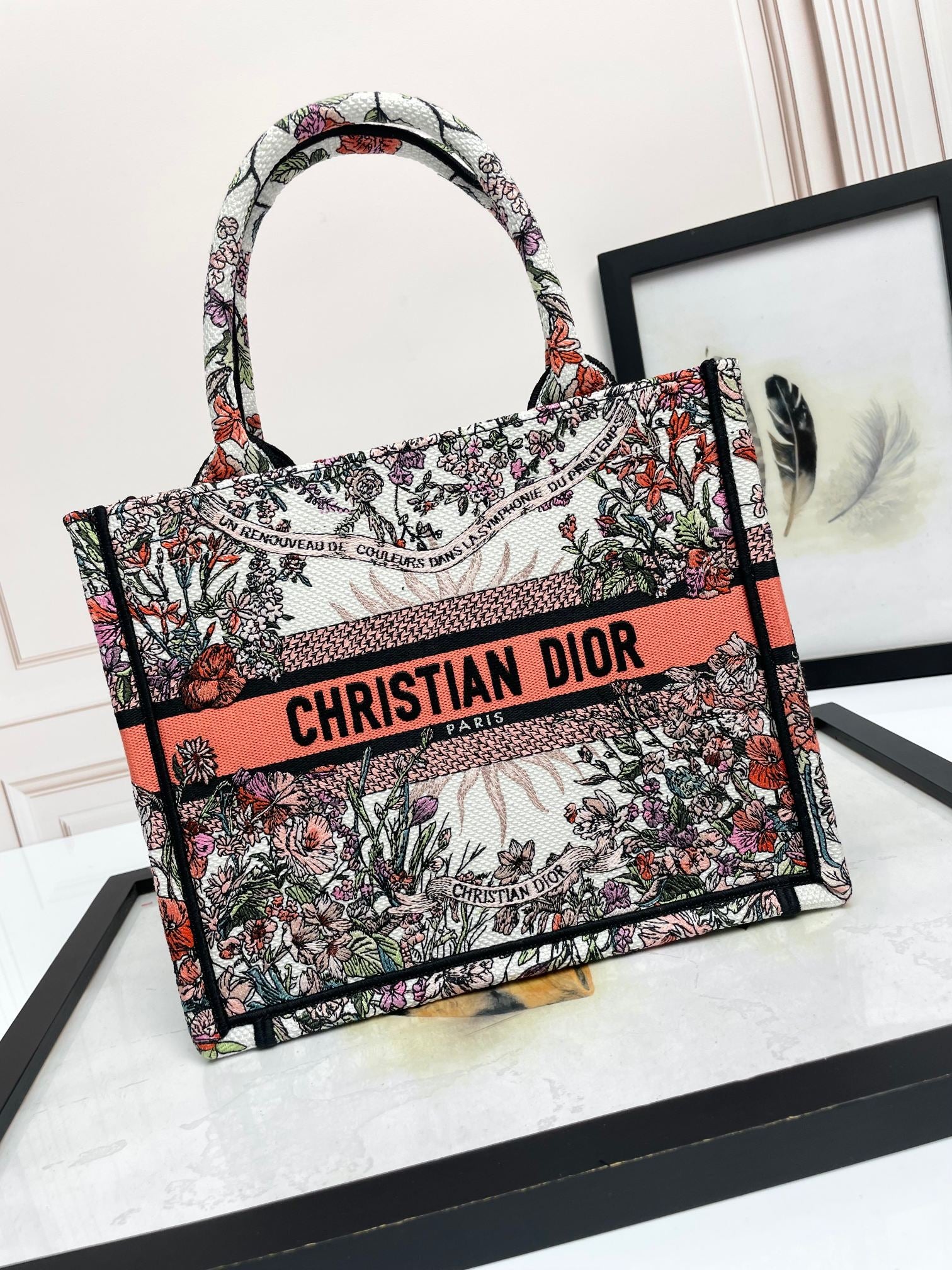 Dior Embroidered Floral Canvas Tote Bag with Contrast Band