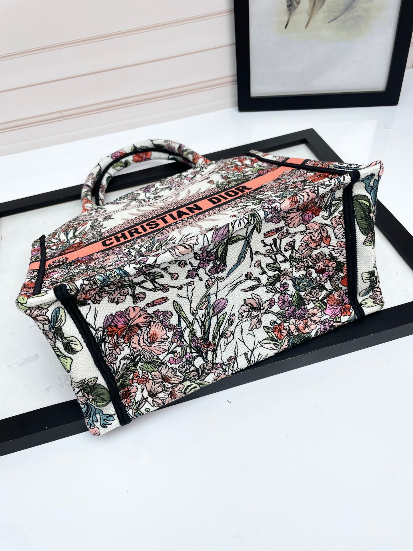 Dior Embroidered Floral Canvas Tote Bag with Contrast Band