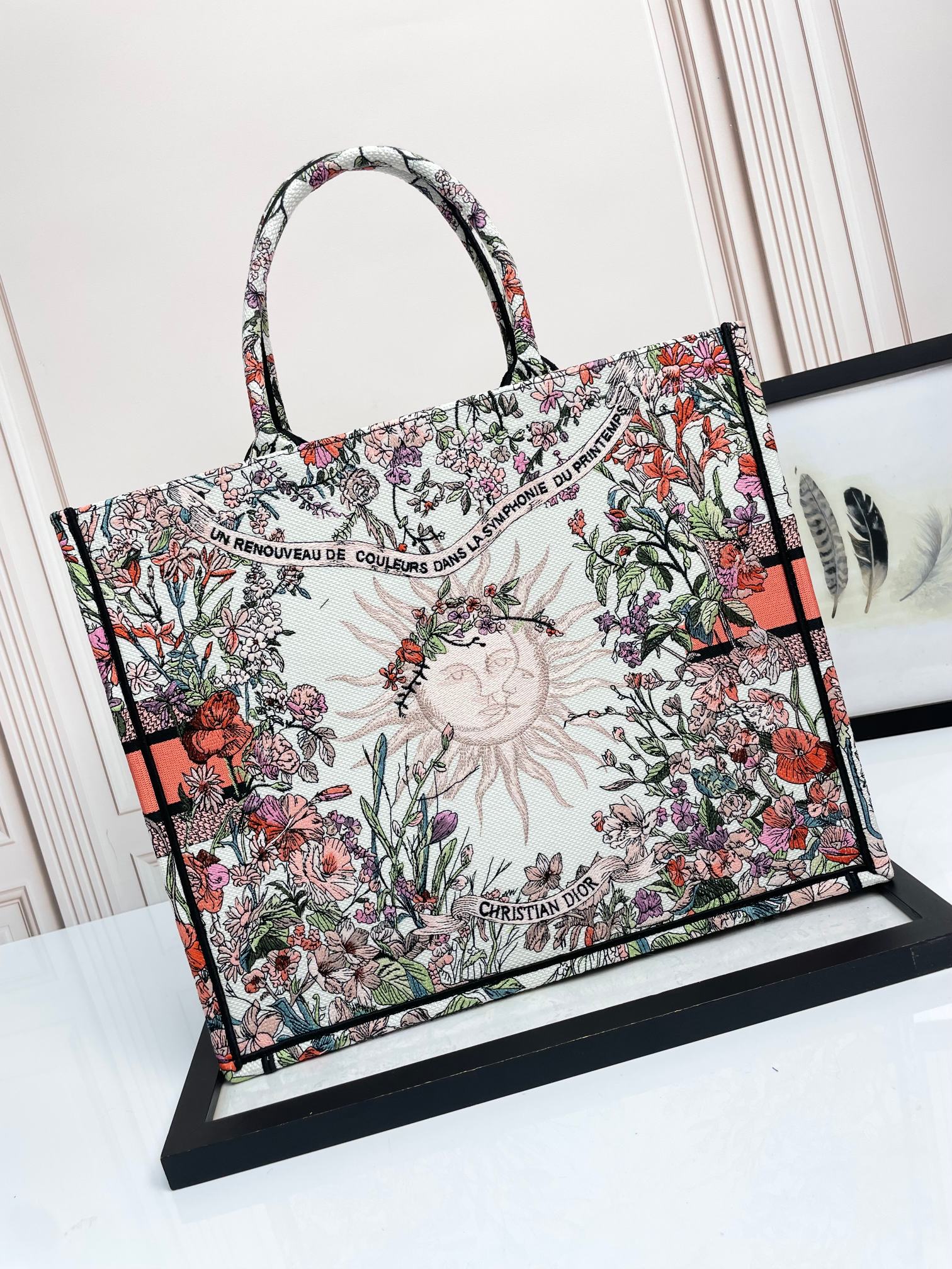 Dior Vintage Floral Embroidered Canvas Tote Bag Large Handbag