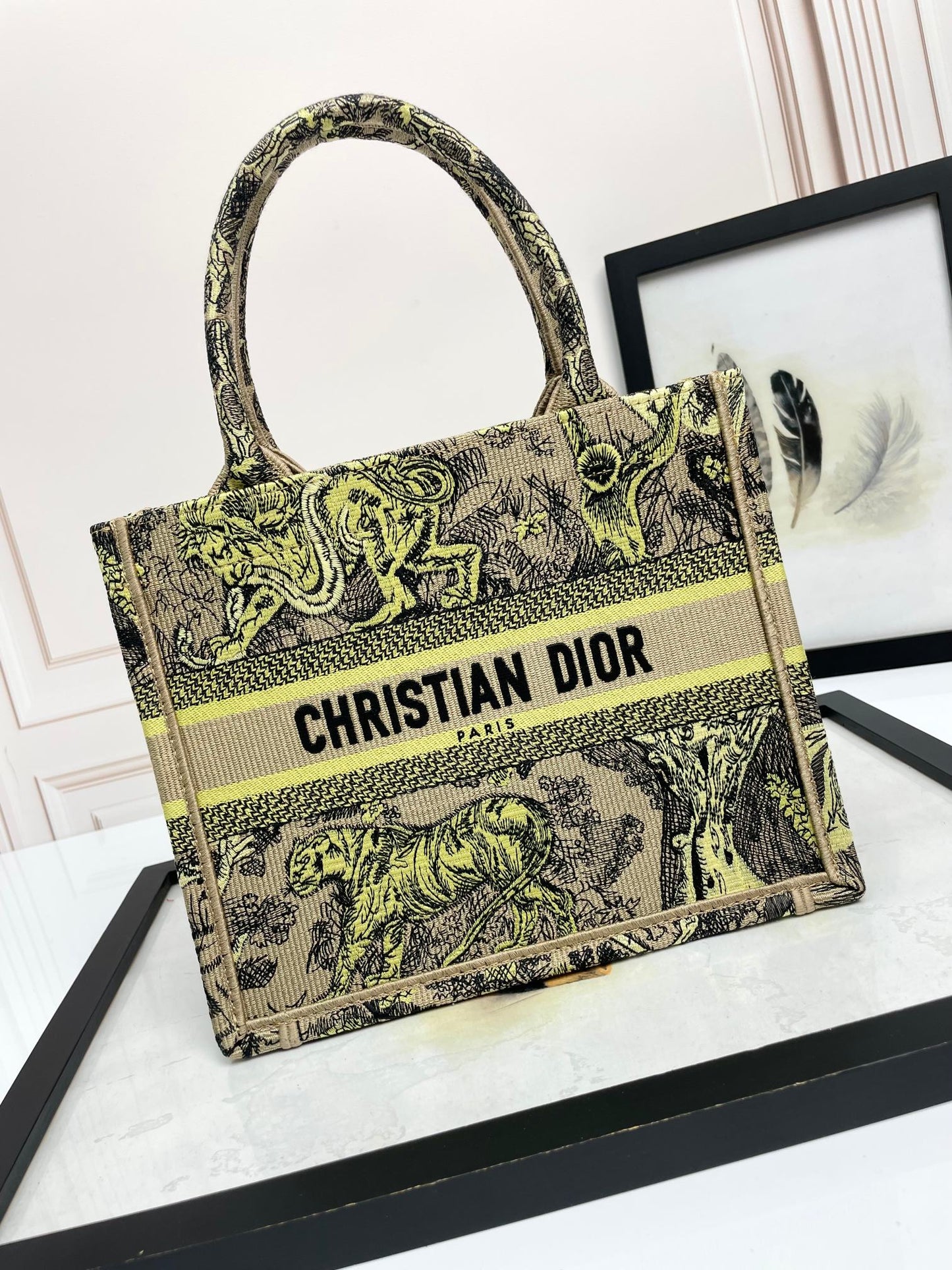 Christian Dior Book Tote Yellow and Beige Toile de Jouy Sauvage Embroidery