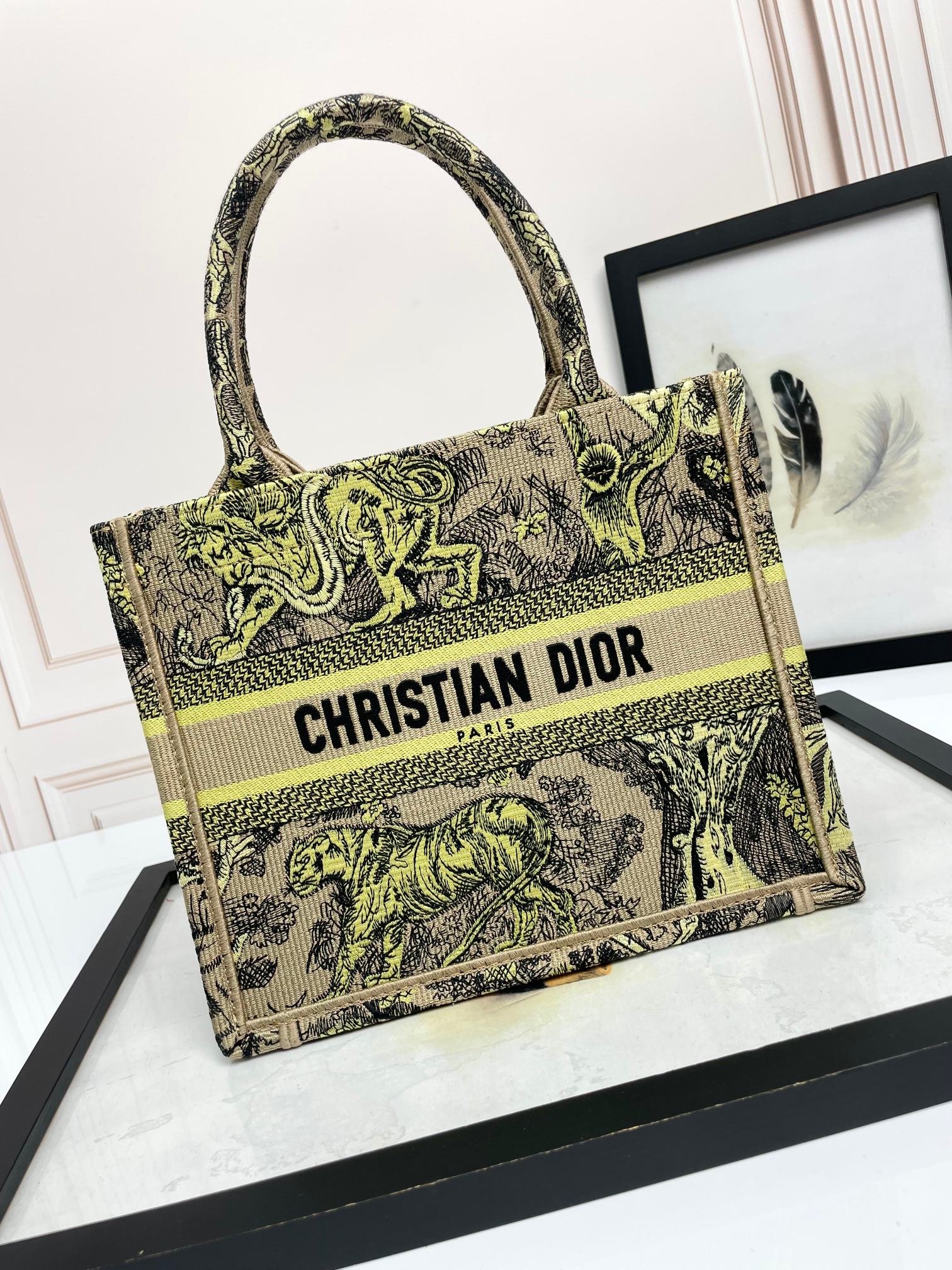Christian Dior Medium Book Tote Yellow Multicolored Tiger Embroidered Canvas Bag