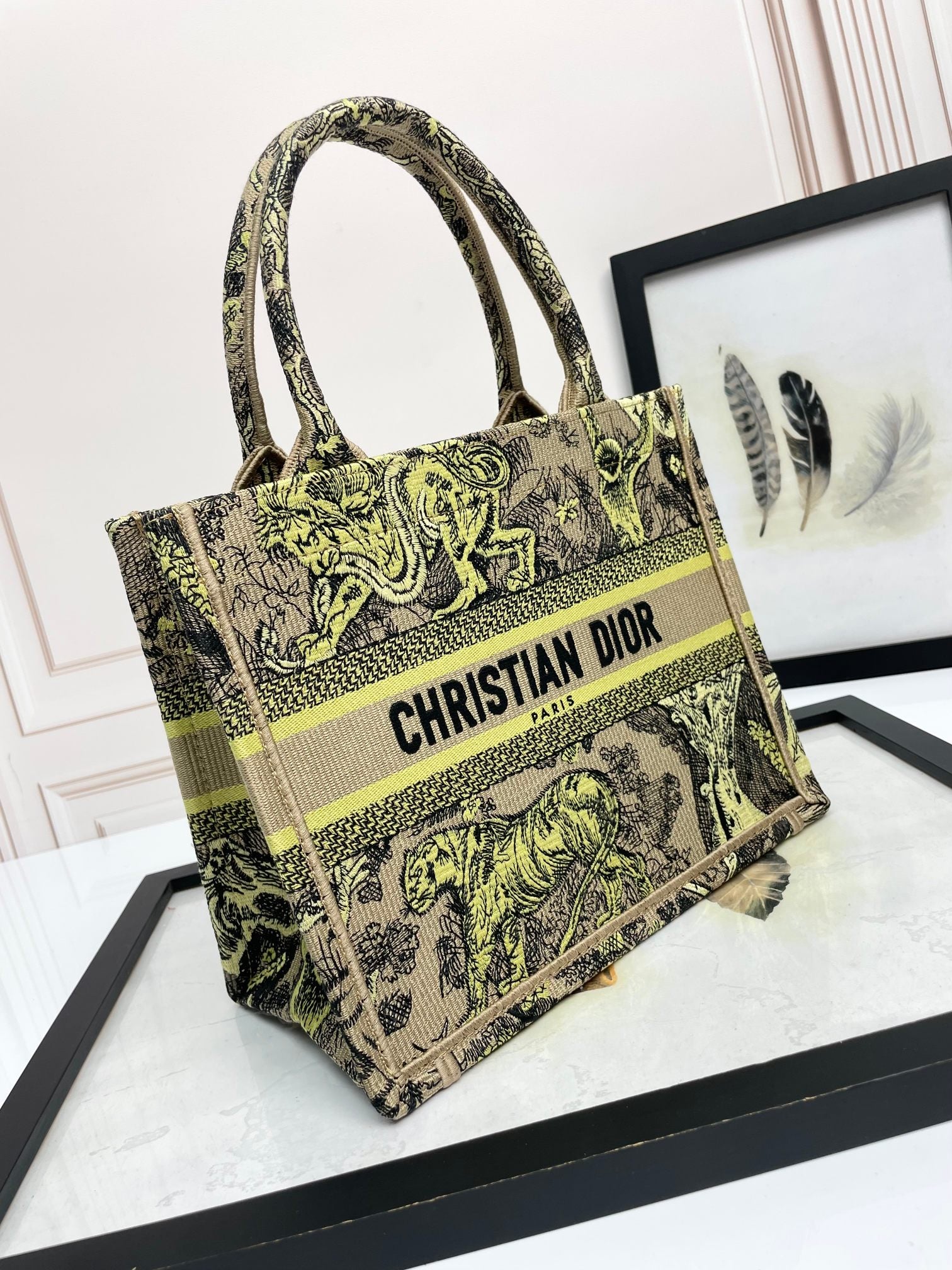 Dior Embroidered Safari Animal Tapestry Tote Bag with Top Handles