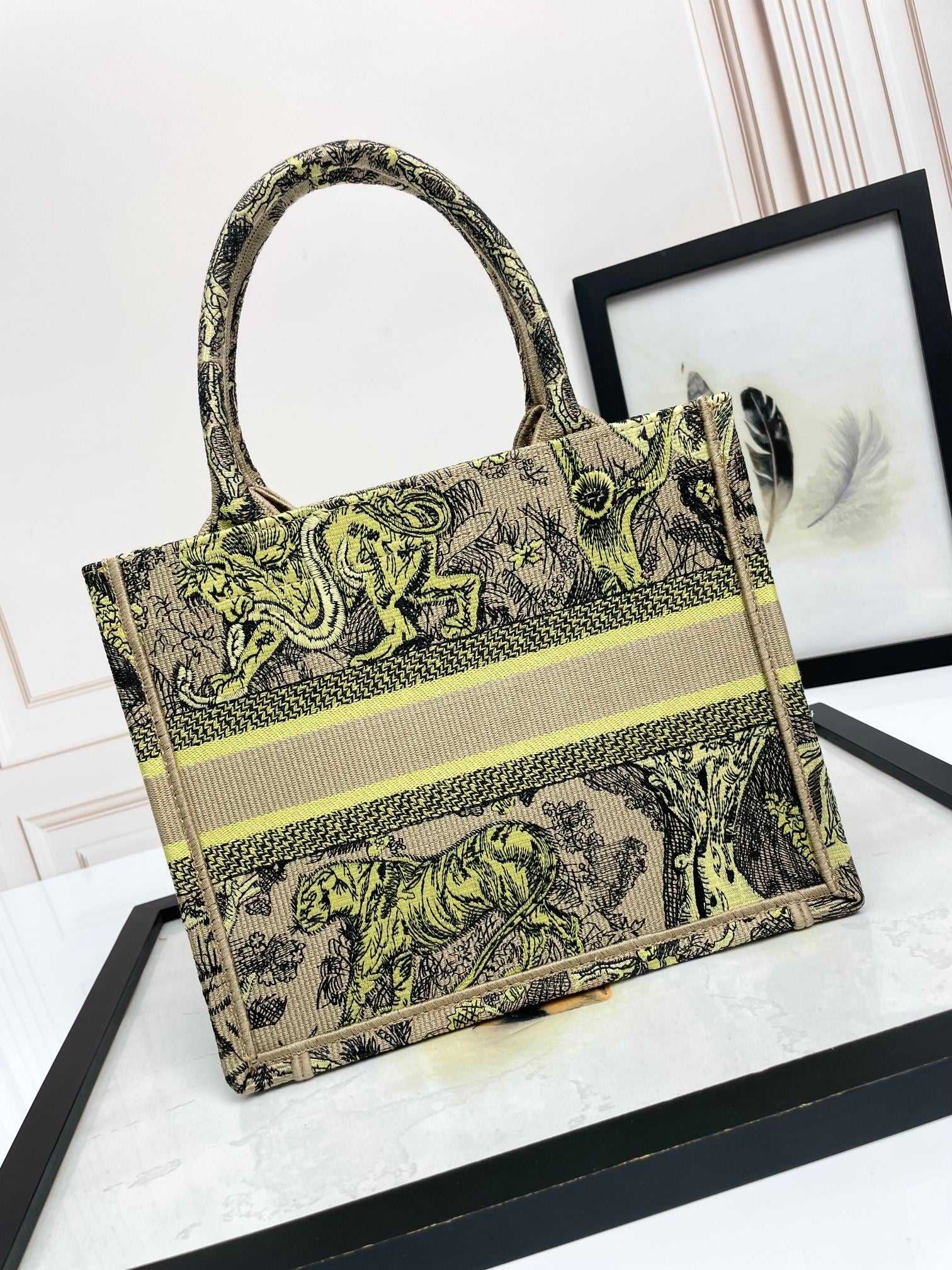 Christian Dior Medium Book Tote Yellow Multicolored Tiger Embroidered Canvas Bag