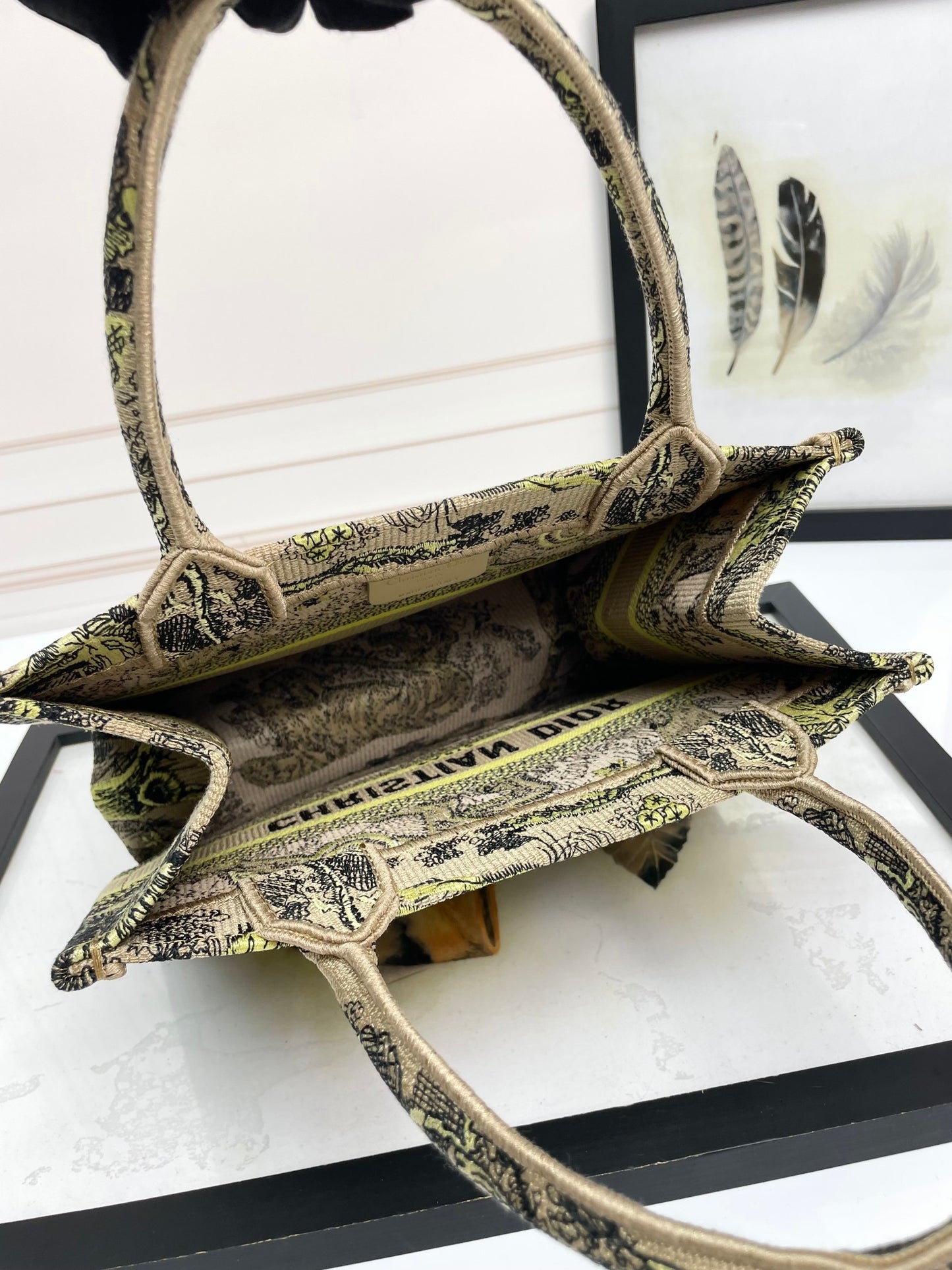 Christian Dior Book Tote Yellow and Beige Toile de Jouy Sauvage Embroidery