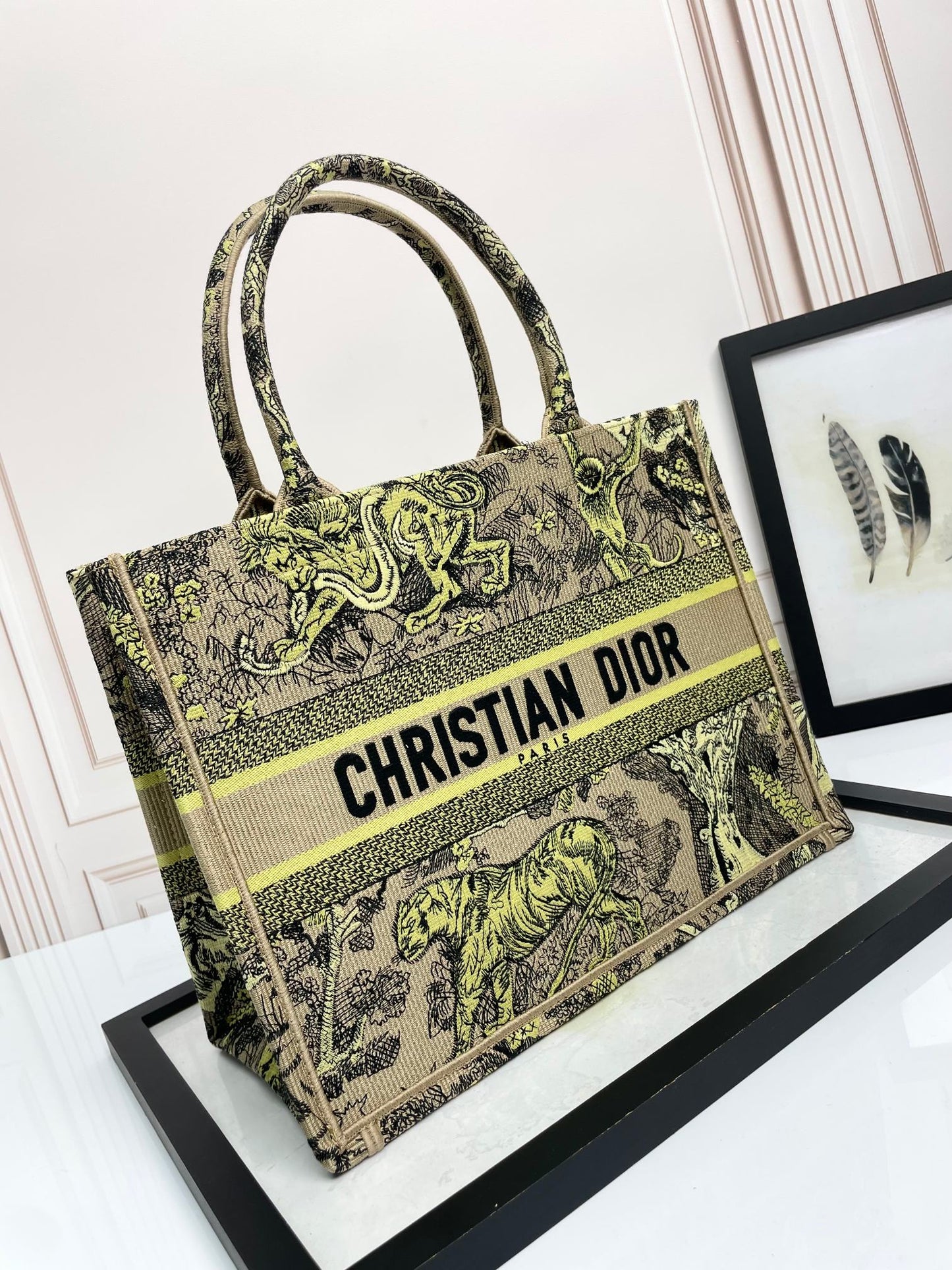 Dior Vintage Jungle Tiger Embroidered Canvas Tote Bag Large Capacity Handbag