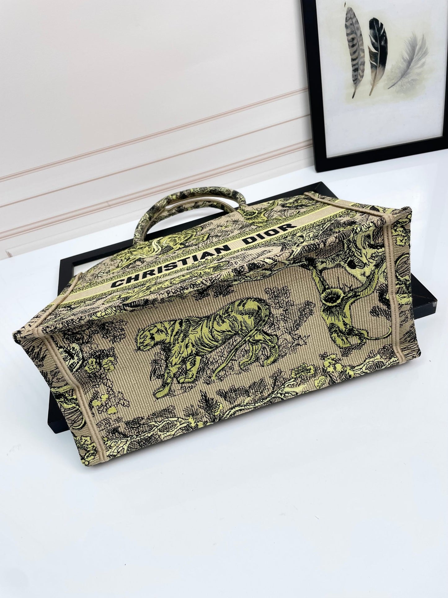Dior Vintage Embroidered Tiger Print Canvas Tote Bag with Top Handles