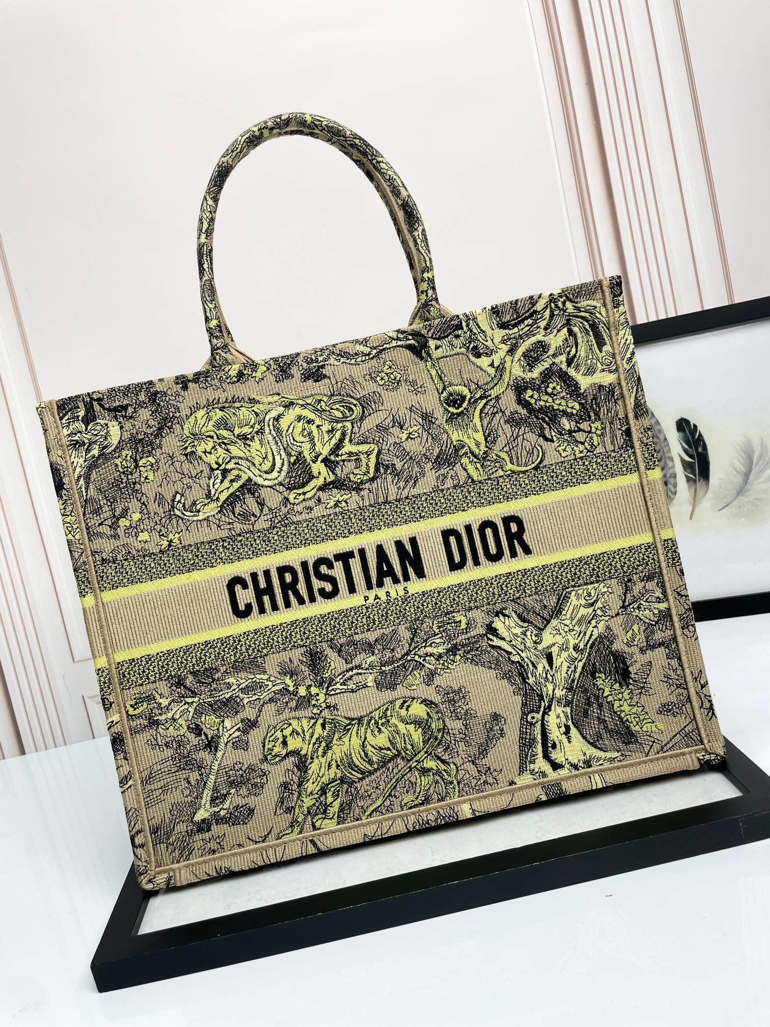 Dior Luxury Embroidered Animal Motif Canvas Tote Bag with Top Handle