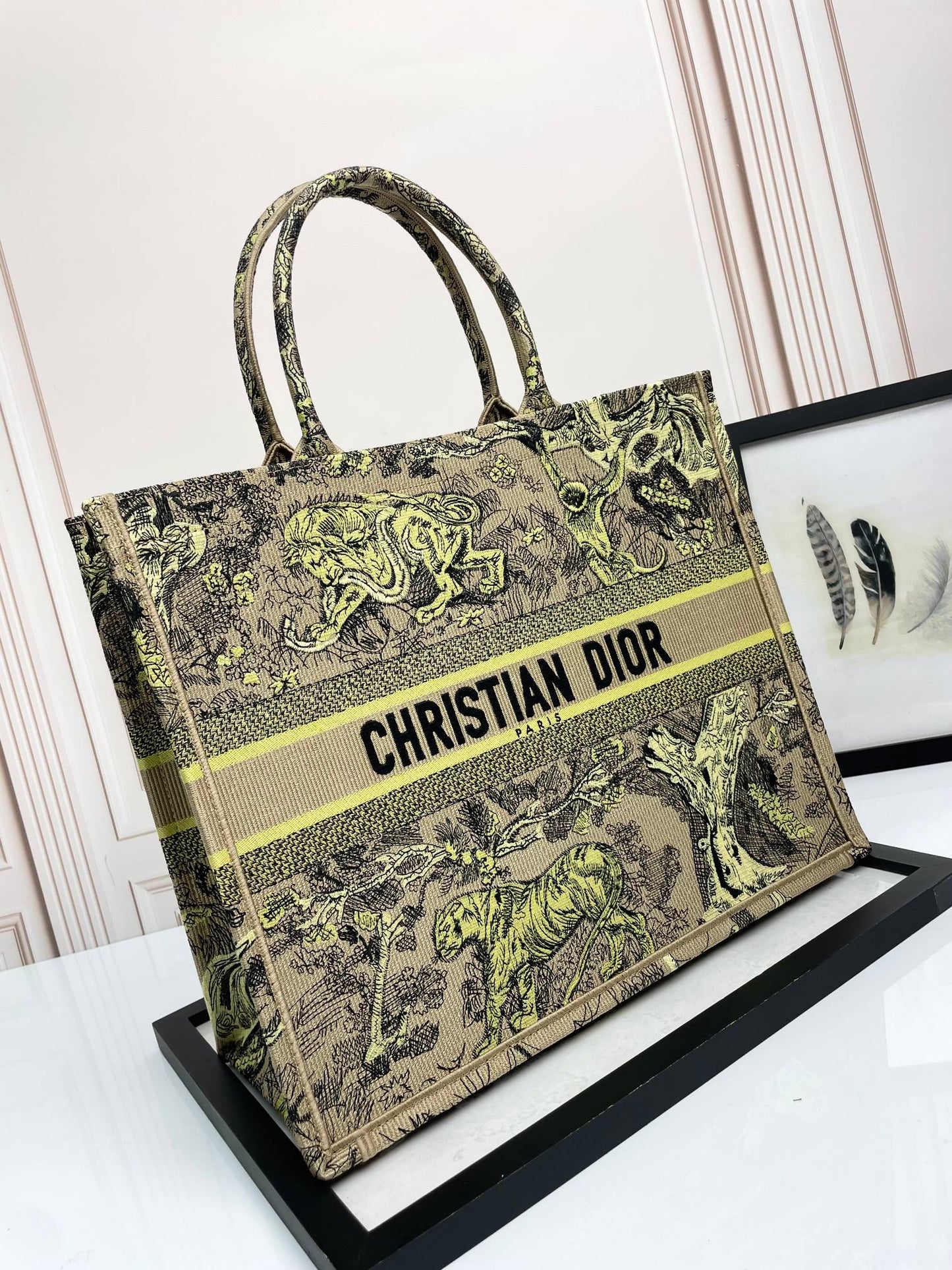 Dior Luxury Embroidered Animal Motif Canvas Tote Bag with Top Handle