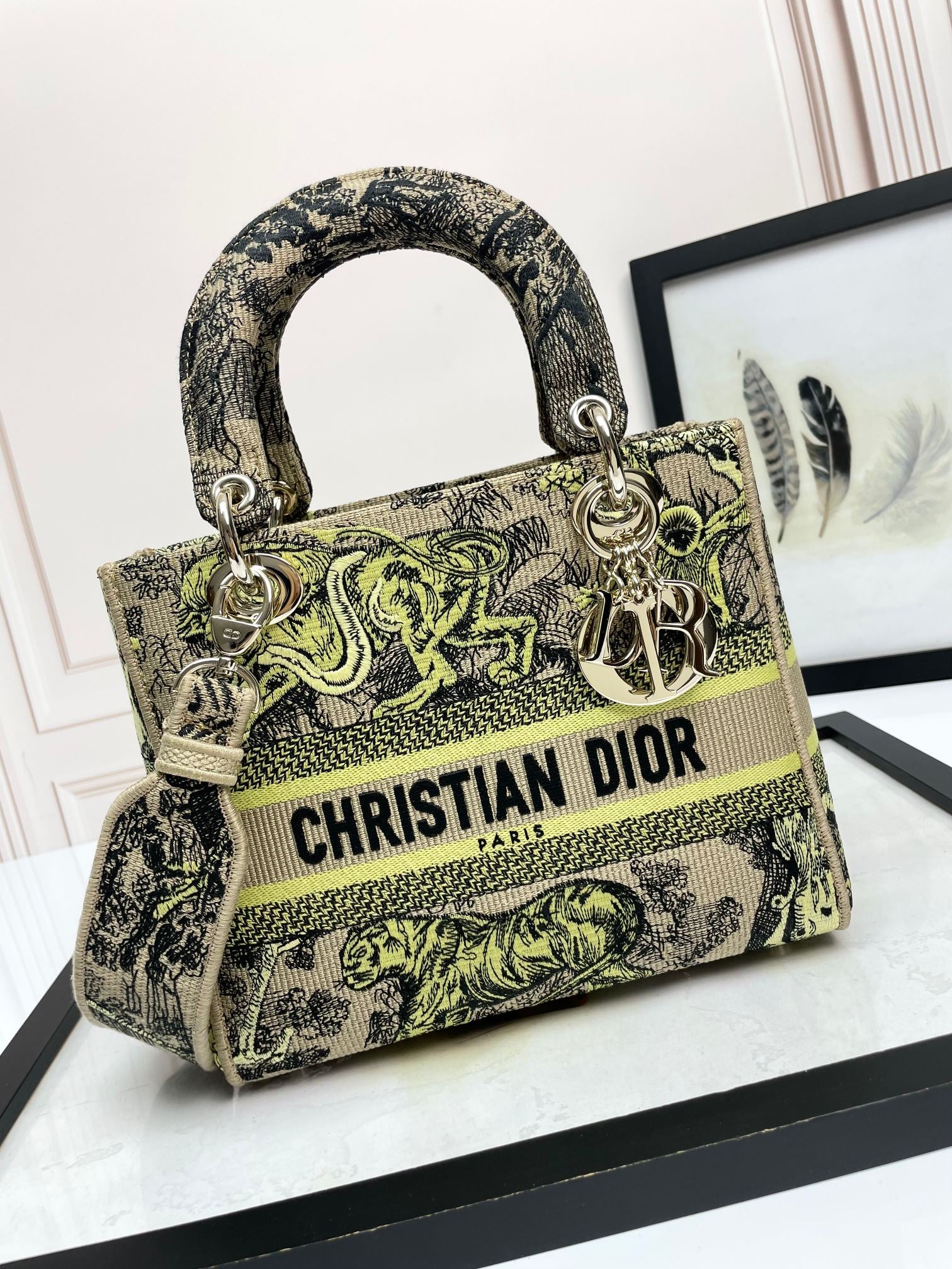 Dior Vintage Embroidered Animal Tapestry Satchel Handbag with Strap
