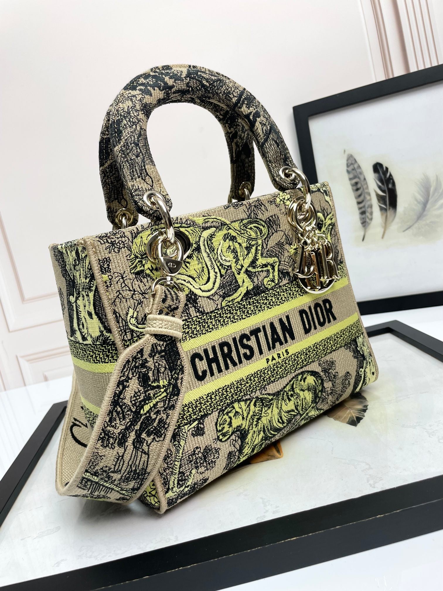Dior Vintage Embroidered Animal Tapestry Satchel Handbag with Strap