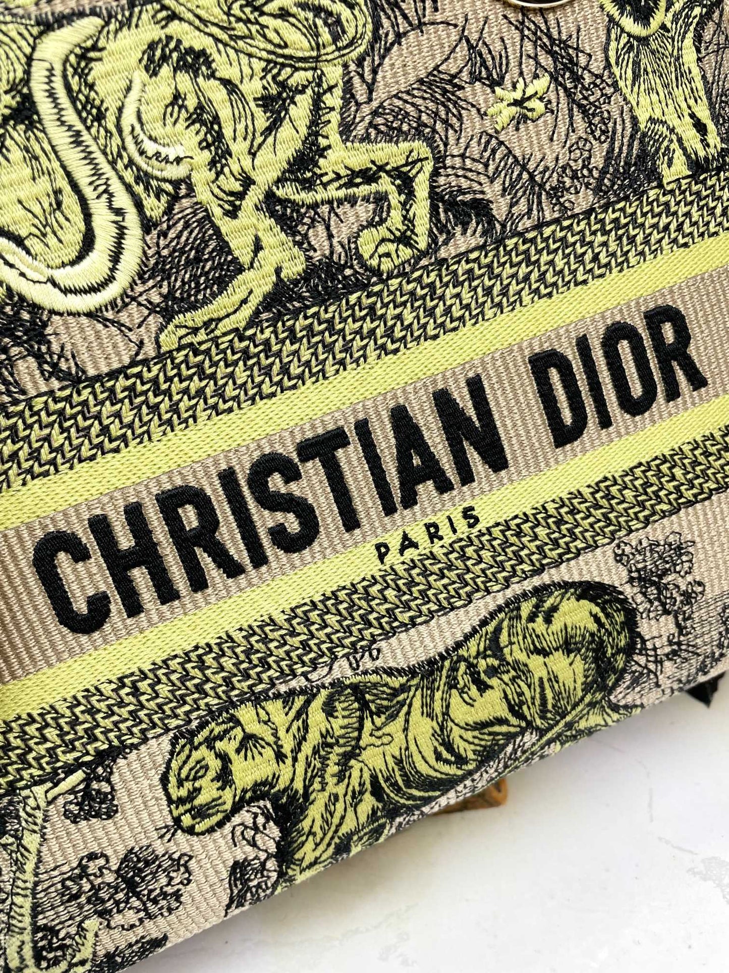 Dior Luxury Embroidered Canvas Top Handle Handbag with Animal Print