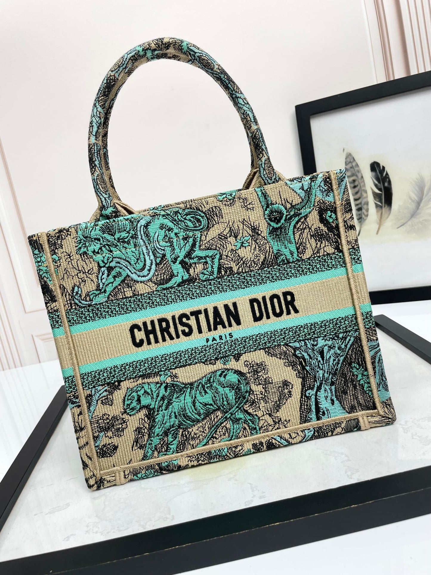 Dior Teal and Beige Embroidered Animal Print Canvas Tote Bag