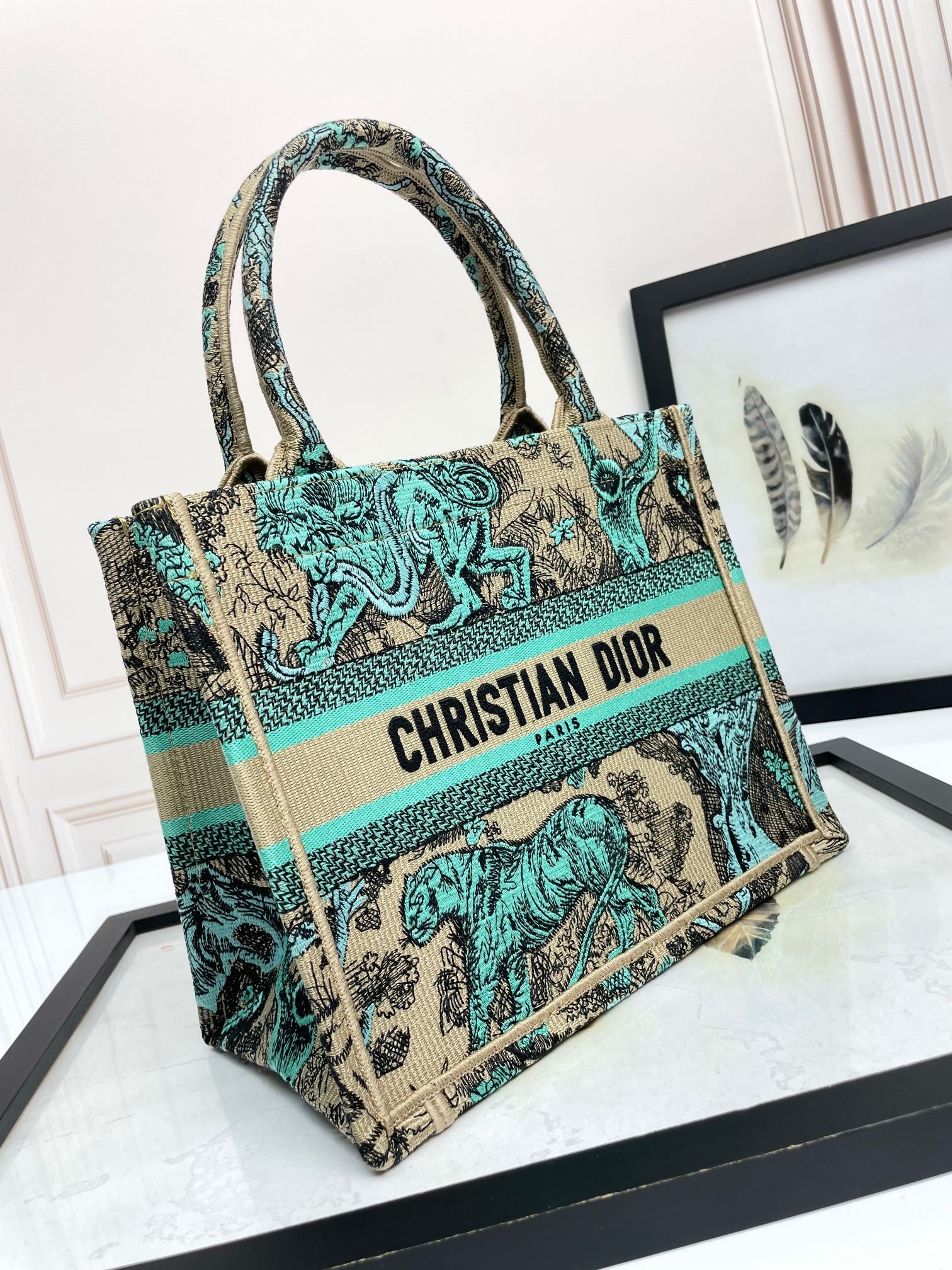 Dior Teal and Beige Embroidered Animal Print Canvas Tote Bag