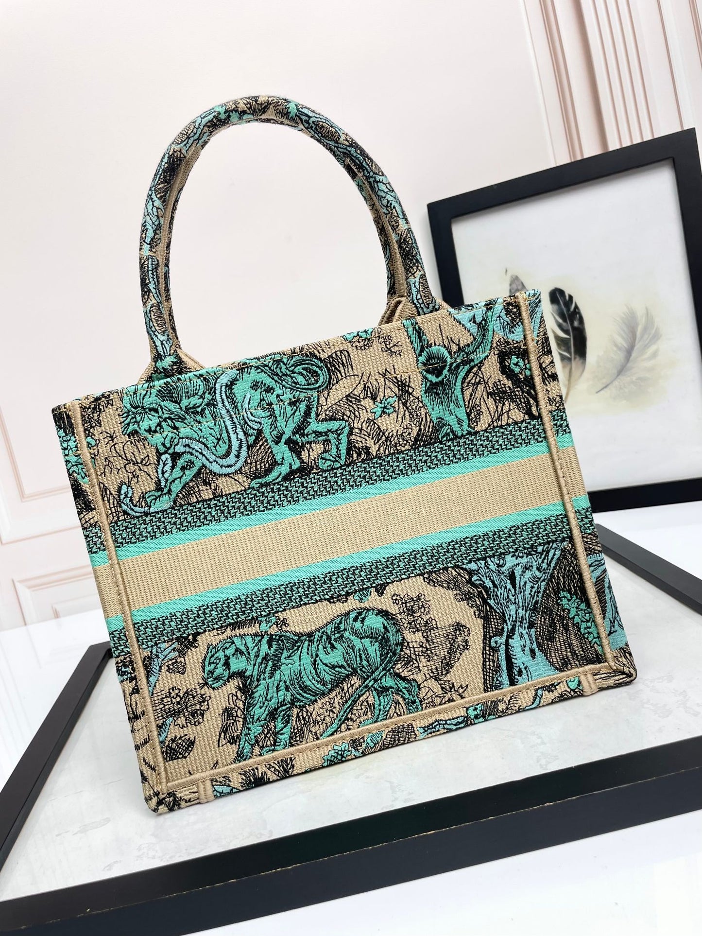 Dior Teal and Beige Embroidered Animal Print Canvas Tote Bag