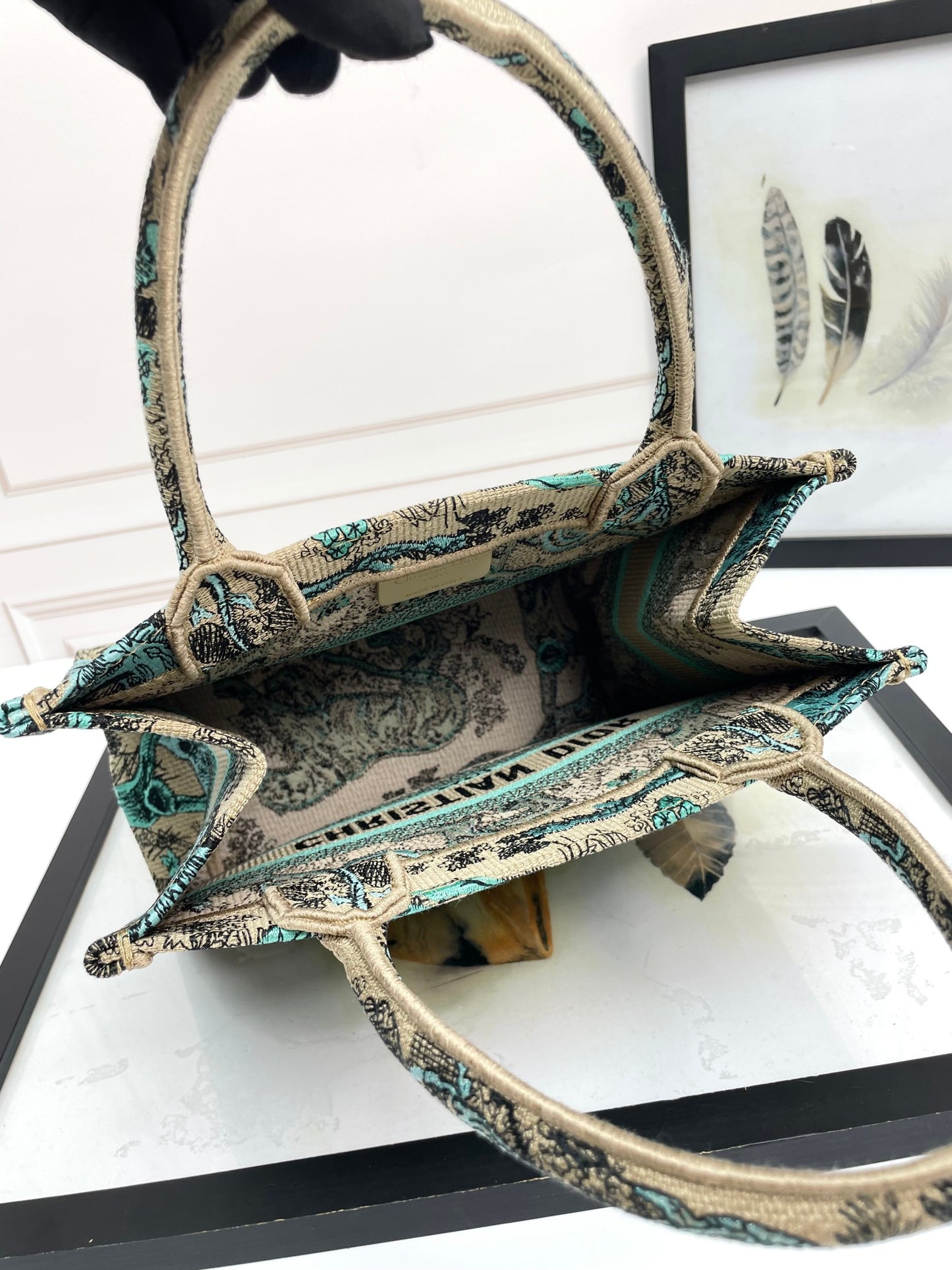 Dior Teal and Beige Embroidered Animal Print Canvas Tote Bag