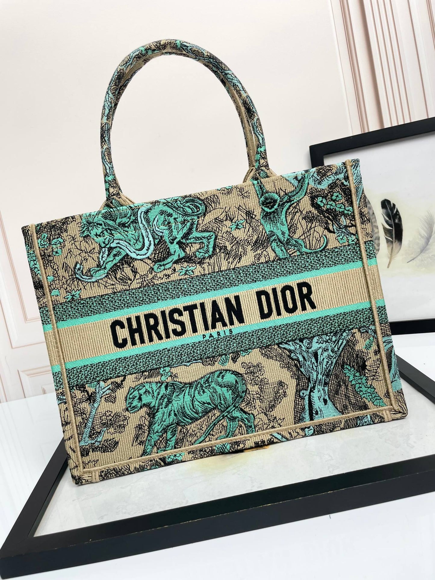 Dior Vintage Tiger Tapestry Canvas Tote Bag Green Animal Print Handbag