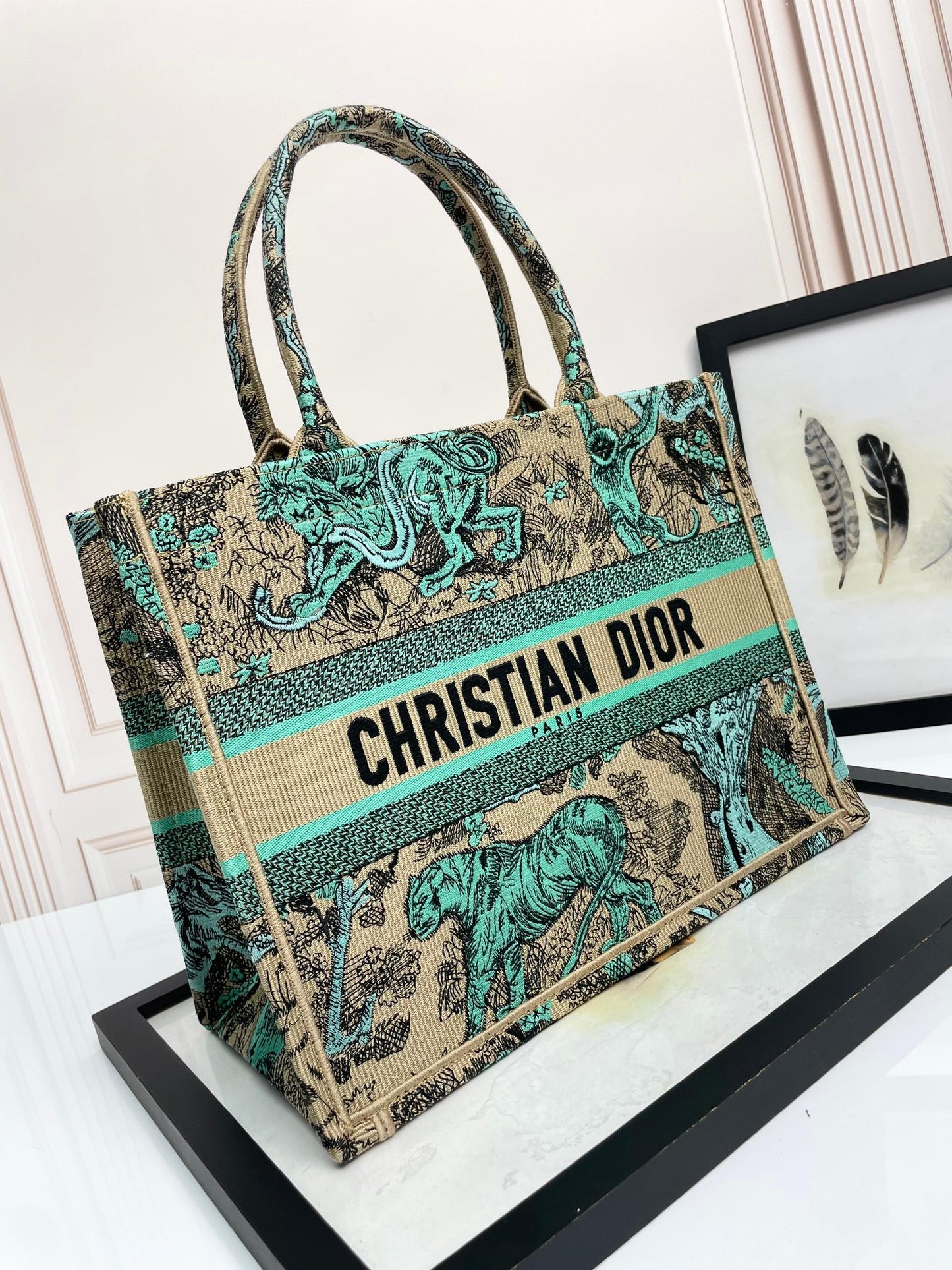 Dior Vintage Tiger Tapestry Canvas Tote Bag Green Animal Print Handbag