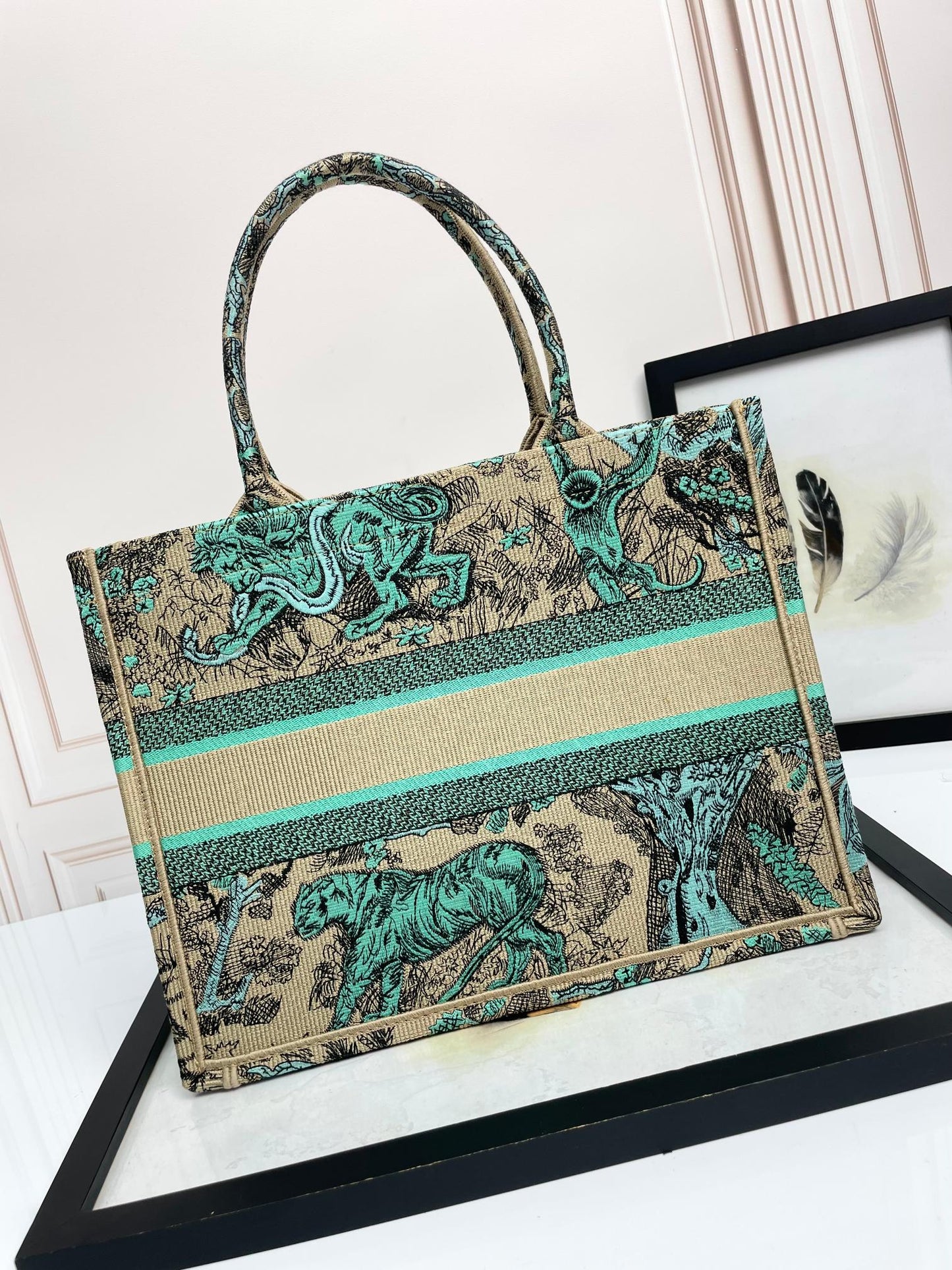 Dior Vintage Tiger Tapestry Canvas Tote Bag Green Animal Print Handbag
