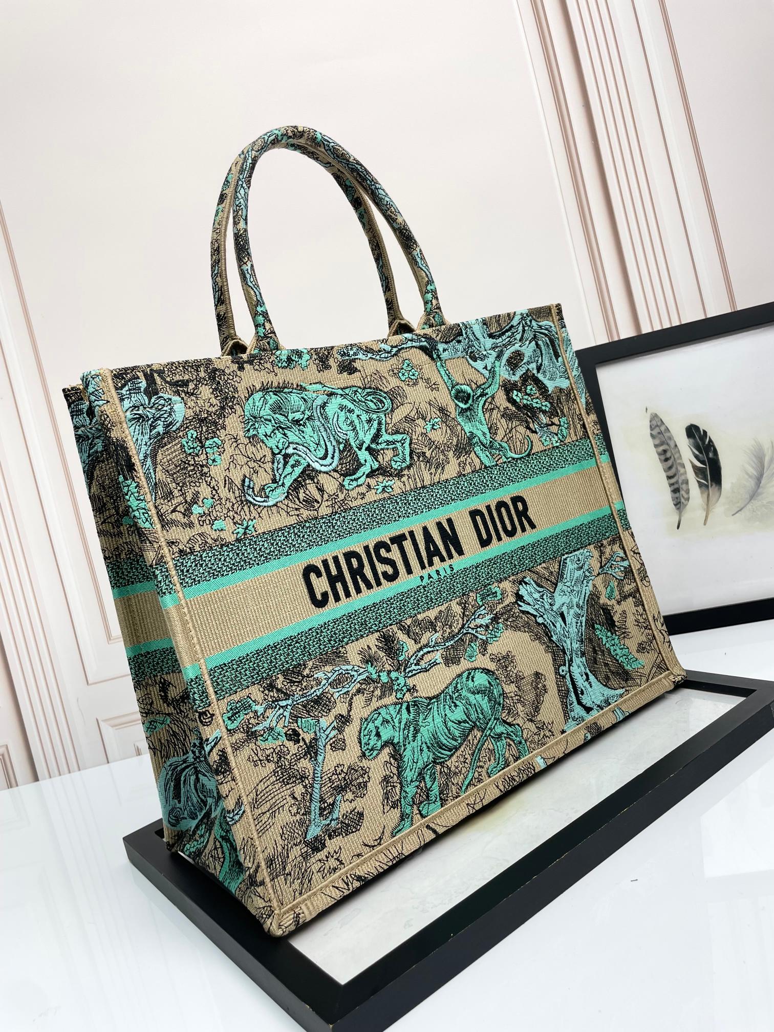 Dior Embroidered Green Animal Print Canvas Tote Bag with Top Handles