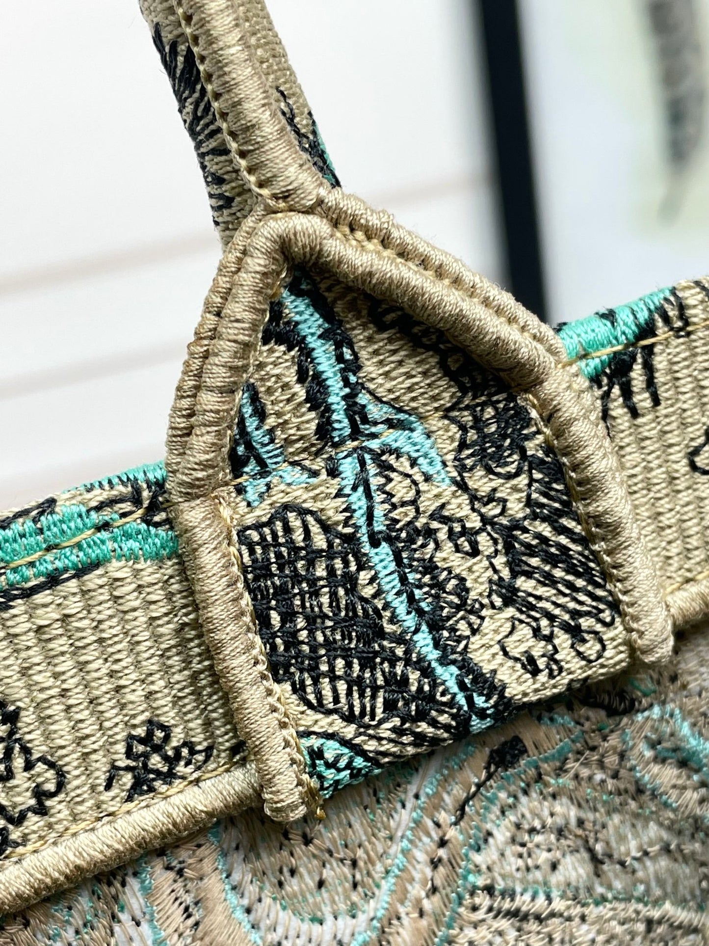 Dior Embroidered Green Animal Print Canvas Tote Bag with Top Handles