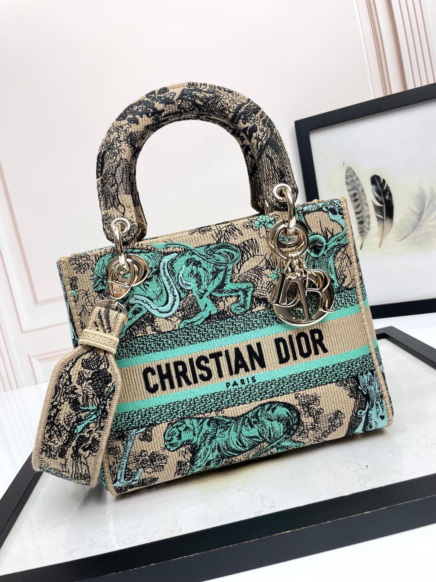Dior Green Tiger Animal Print Embroidered Canvas Top Handle Handbag
