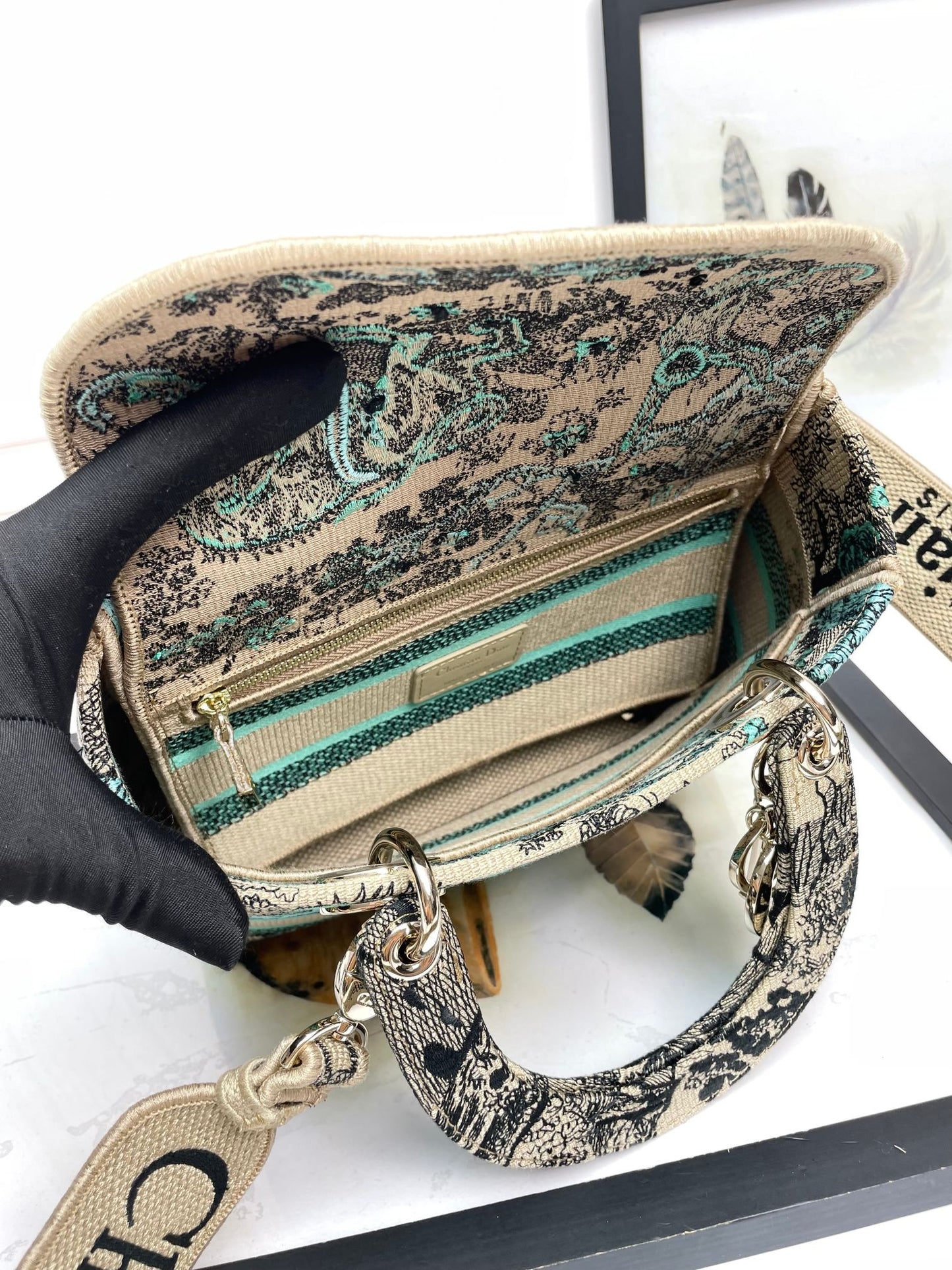 Dior Green Tiger Animal Print Embroidered Canvas Top Handle Handbag