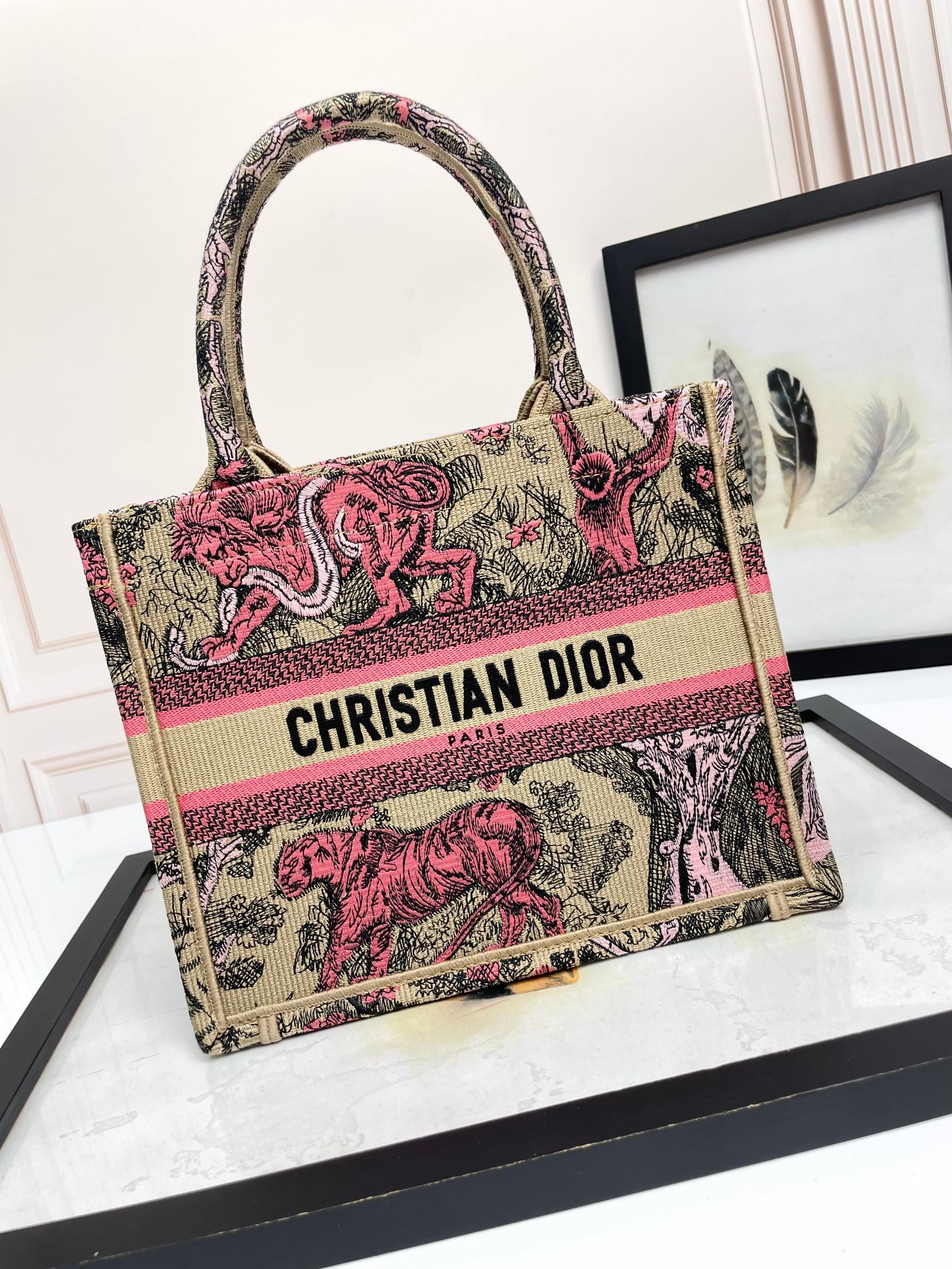 Dior Vintage Pink Tiger Embroidered Canvas Tote Bag with Handles