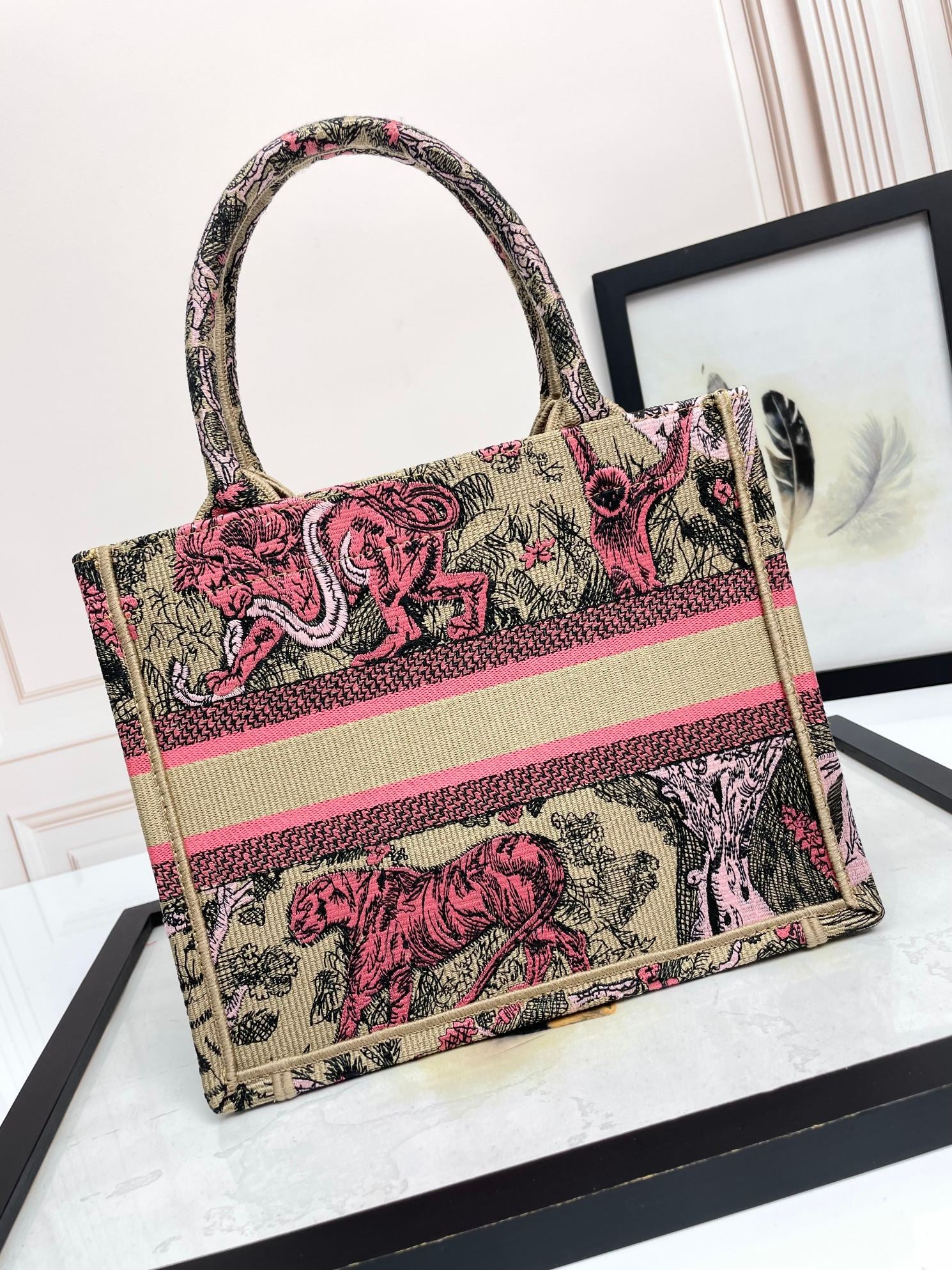 Dior Vintage Pink Tiger Embroidered Canvas Tote Bag with Handles