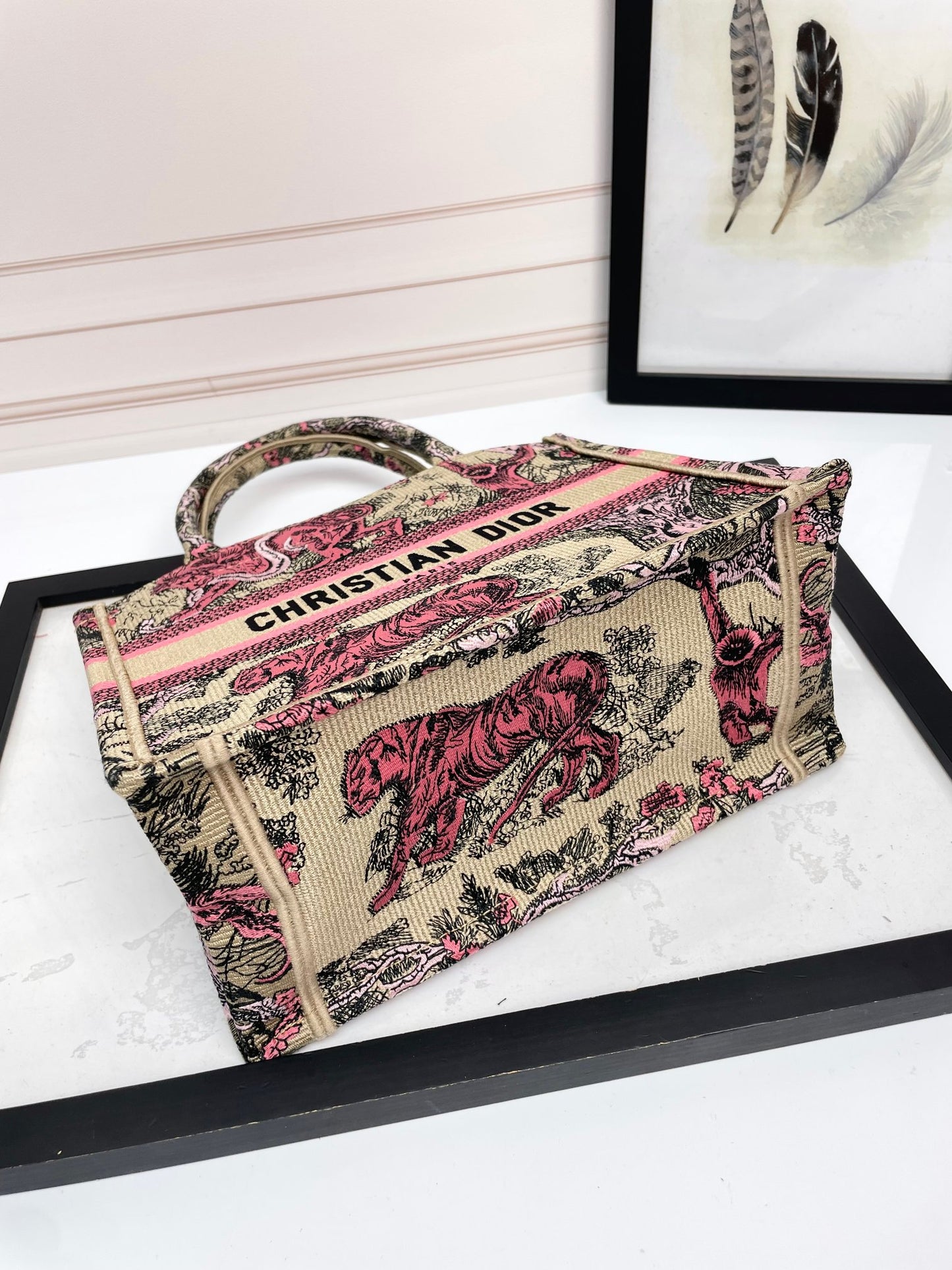 Dior Vintage Pink Tiger Embroidered Canvas Tote Bag with Handles