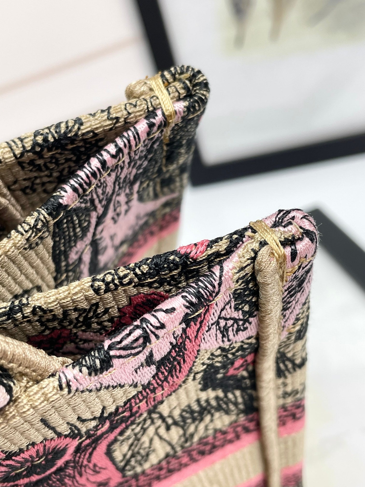 Christian Dior Medium Book Tote Toile de Jouy Tiger Embroidery Beige and Pink Canvas Handbag