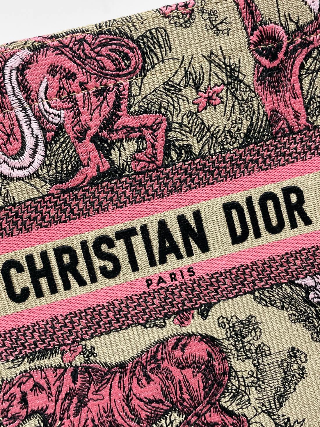 Christian Dior Medium Book Tote Toile de Jouy Tiger Embroidery Beige and Pink Canvas Handbag