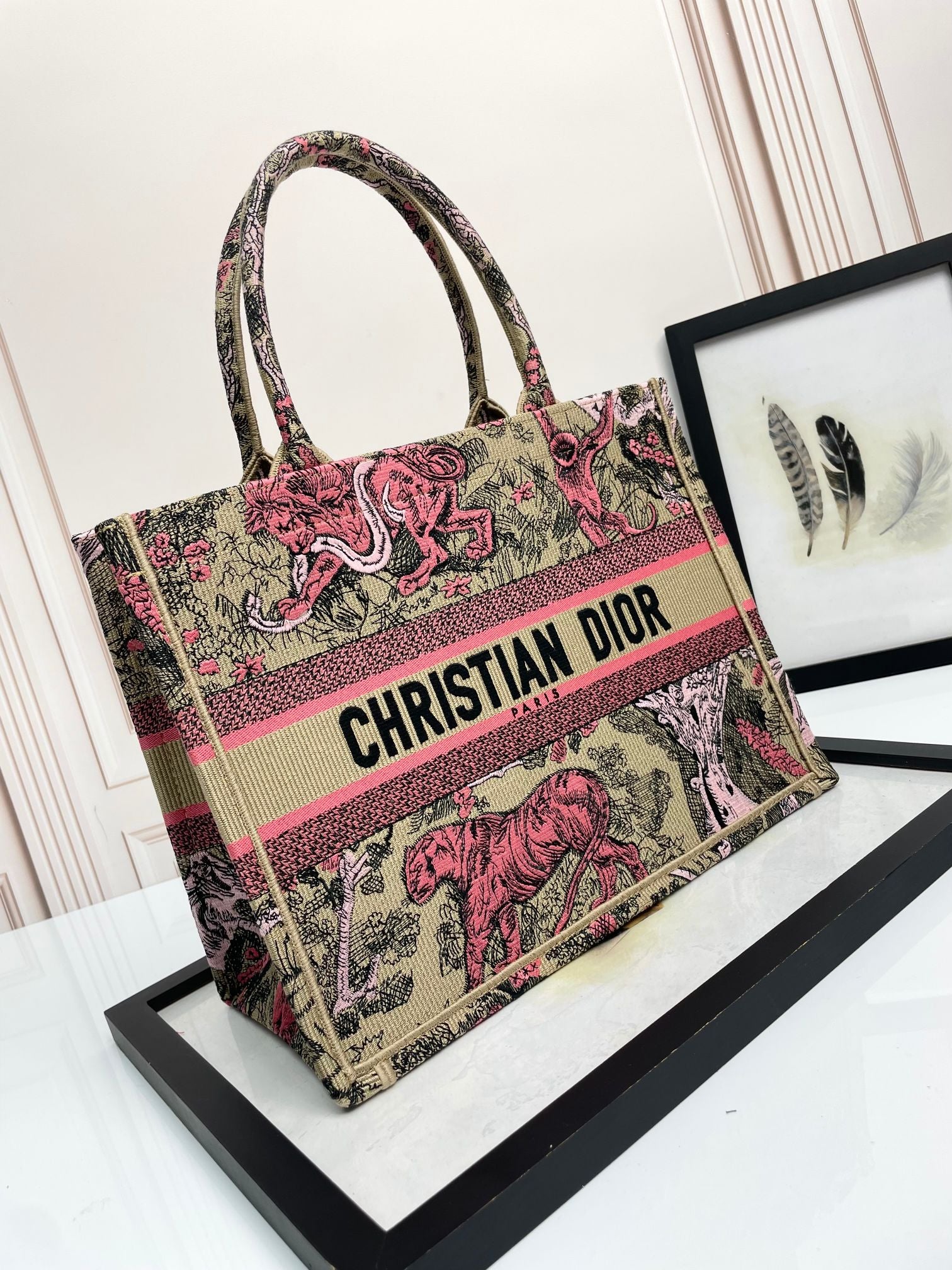 Christian Dior Book Tote Pink Toile de Jouy Sauvage Embroidery Handbag