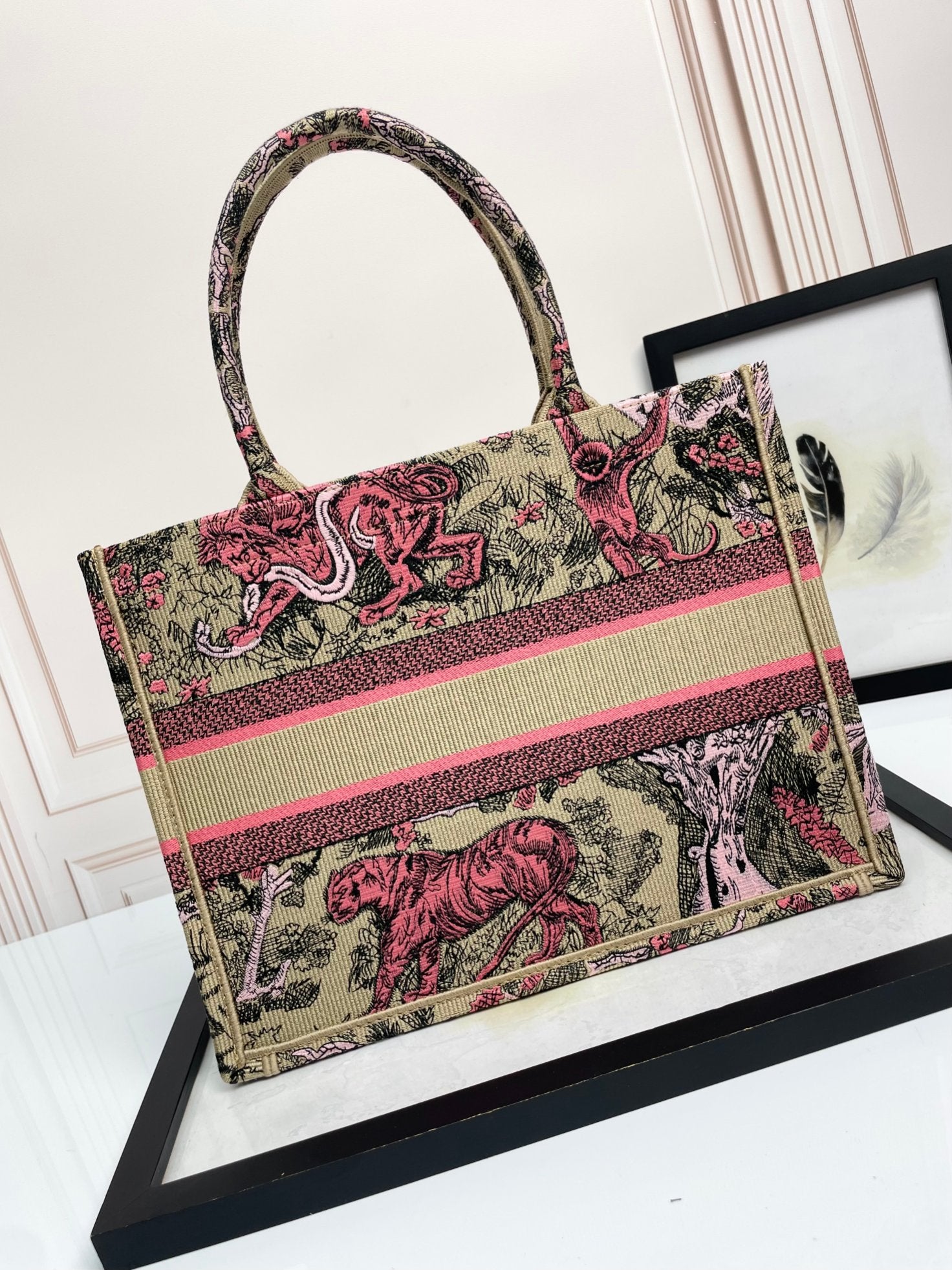 Dior Vintage Tiger Print Canvas Tote Bag Pink and Beige Handbag