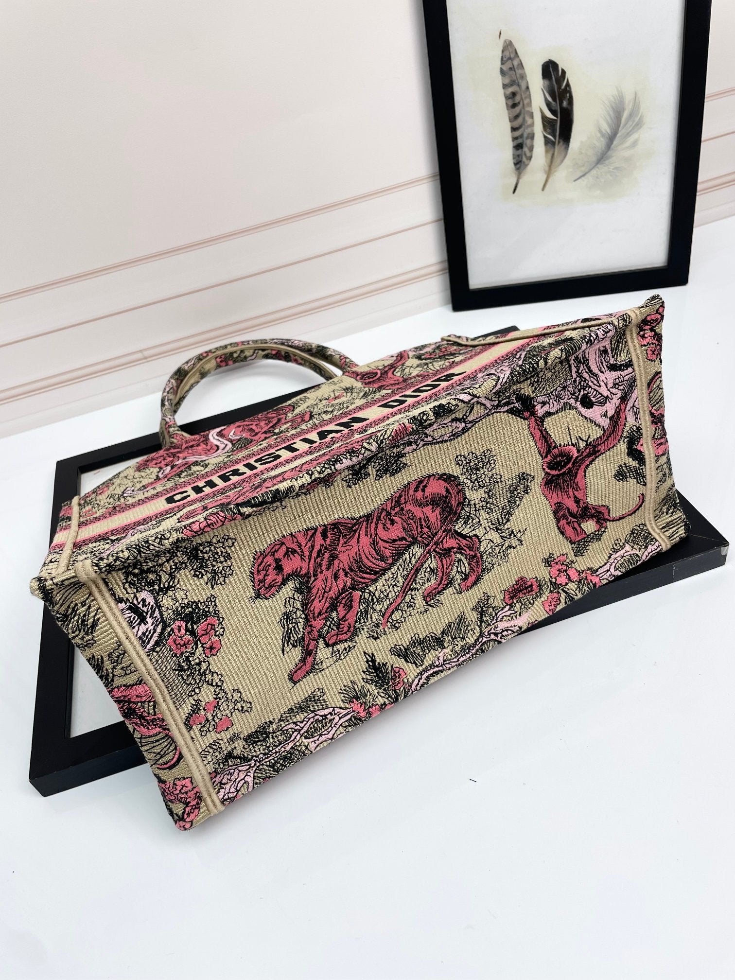 Dior Vintage Tiger Print Canvas Tote Bag Pink and Beige Handbag