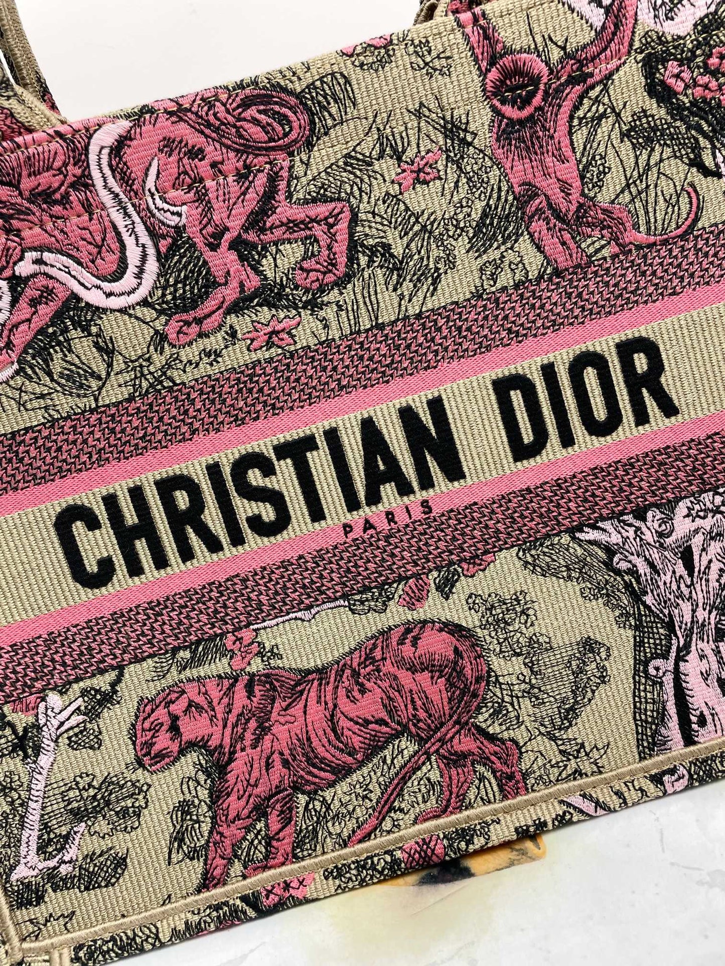 Dior Vintage Tiger Print Canvas Tote Bag Pink and Beige Handbag